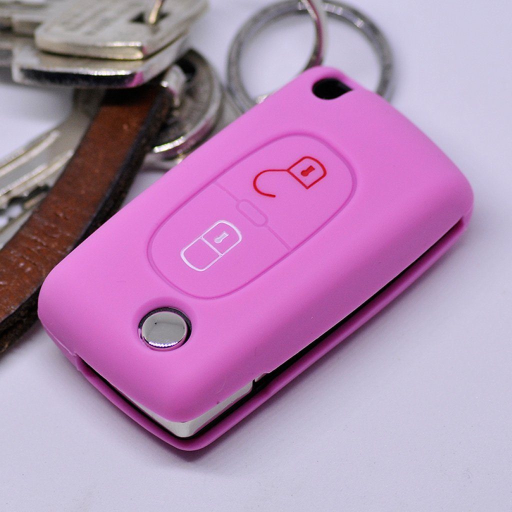 mt-key Schlüsseltasche Autoschlüssel Tasten Schutzhülle Rosa, 2 C3 Citroen für Berlingo Peugeot 207 Softcase 308 307 C2 Silikon Klappschlüssel