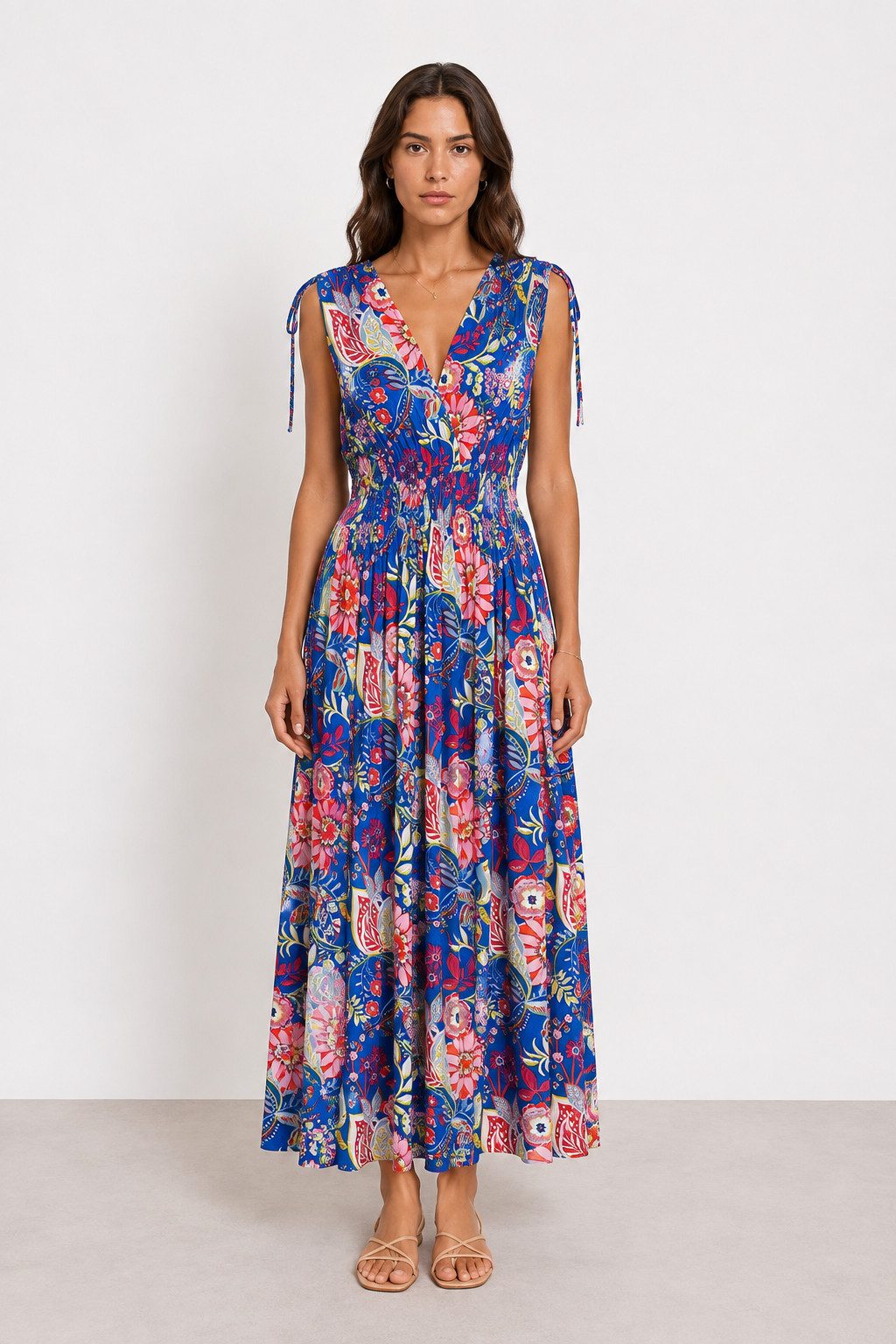 ITALY VIBES Sommerkleid - florales Viskosekleid mit Smokbund und V-Ausschnitt für Damen