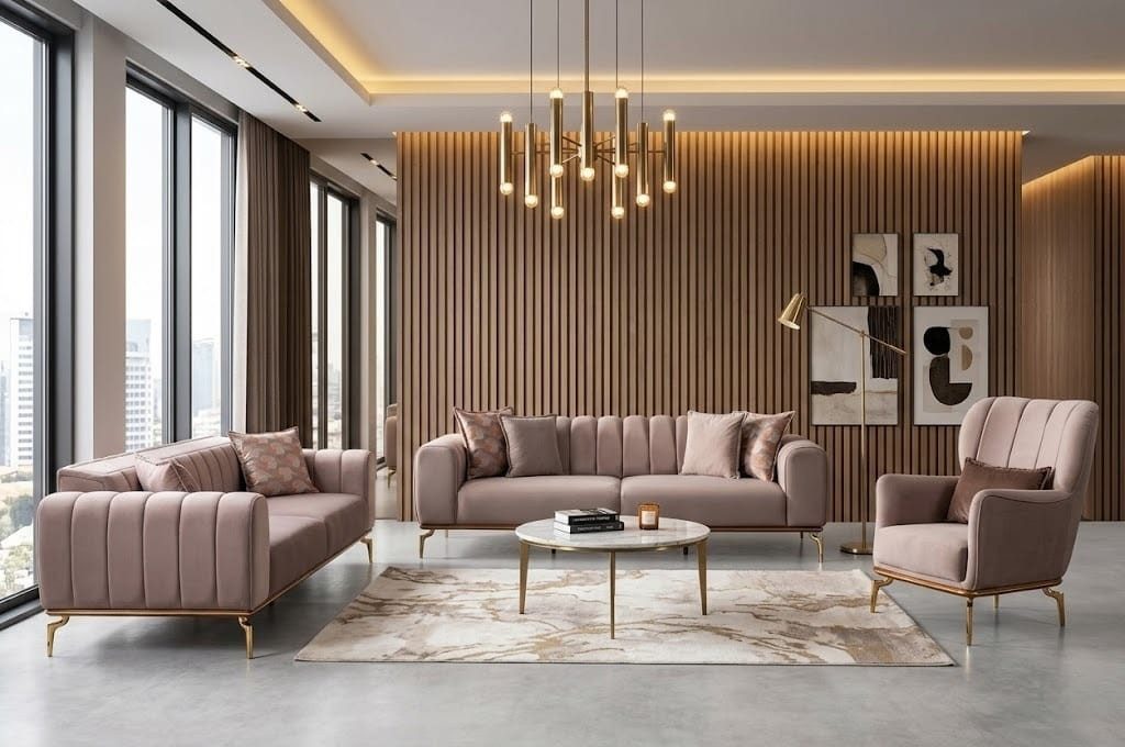 JVmoebel Polstergarnitur Wohnzimmer-Set 3tlg 2x 3-Sitzer Sofa Sessel Modern Stoff Couchgarnitur, (3-tlg., 3-tlg)