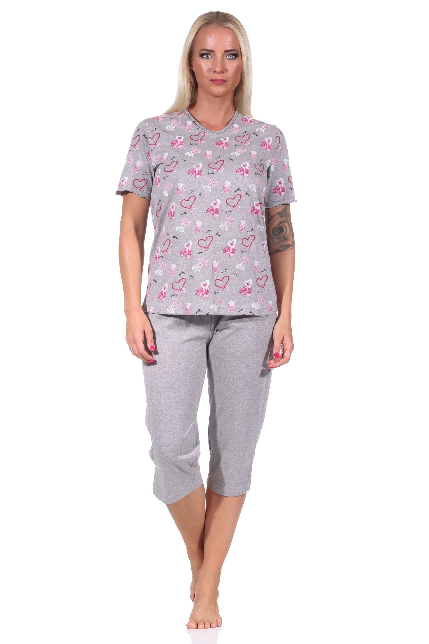 Normann kurzarm auch - grau-melange Damen Pyjama Capri Optik in Übergrößen in Schlafanzug Herz