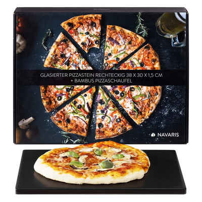 Navaris Pizzastein Pizzastein XL - 38x30cm - für Flammkuchen - inkl. Rezeptbuch, Korderit-Keramik, (1-St)