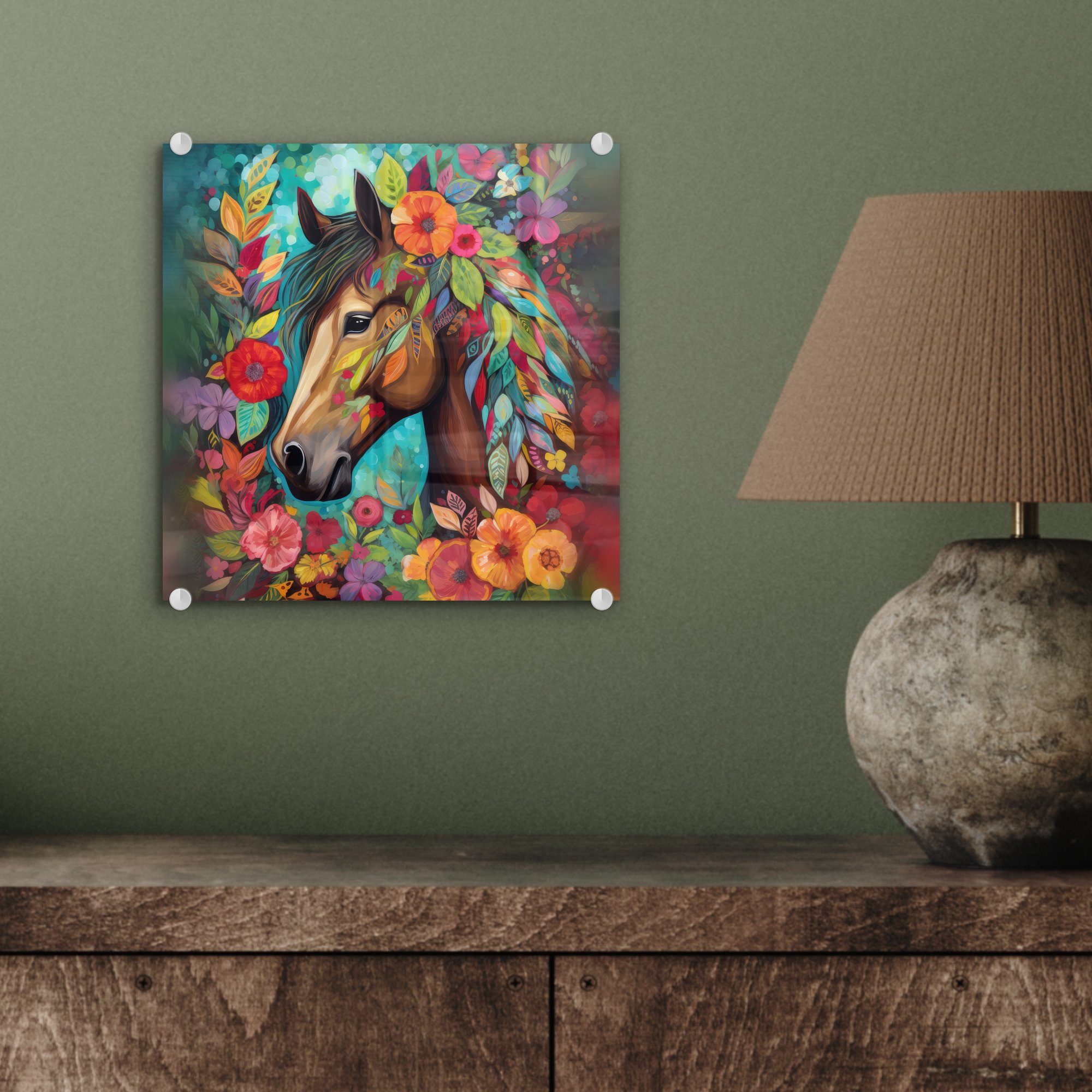 MuchoWow Acrylglasbild Pferd - auf Malerei - Glas Foto - Wanddekoration - Natur - auf Glas Farbe, (1 Blumen St), - Glasbilder Wandbild Bilder 