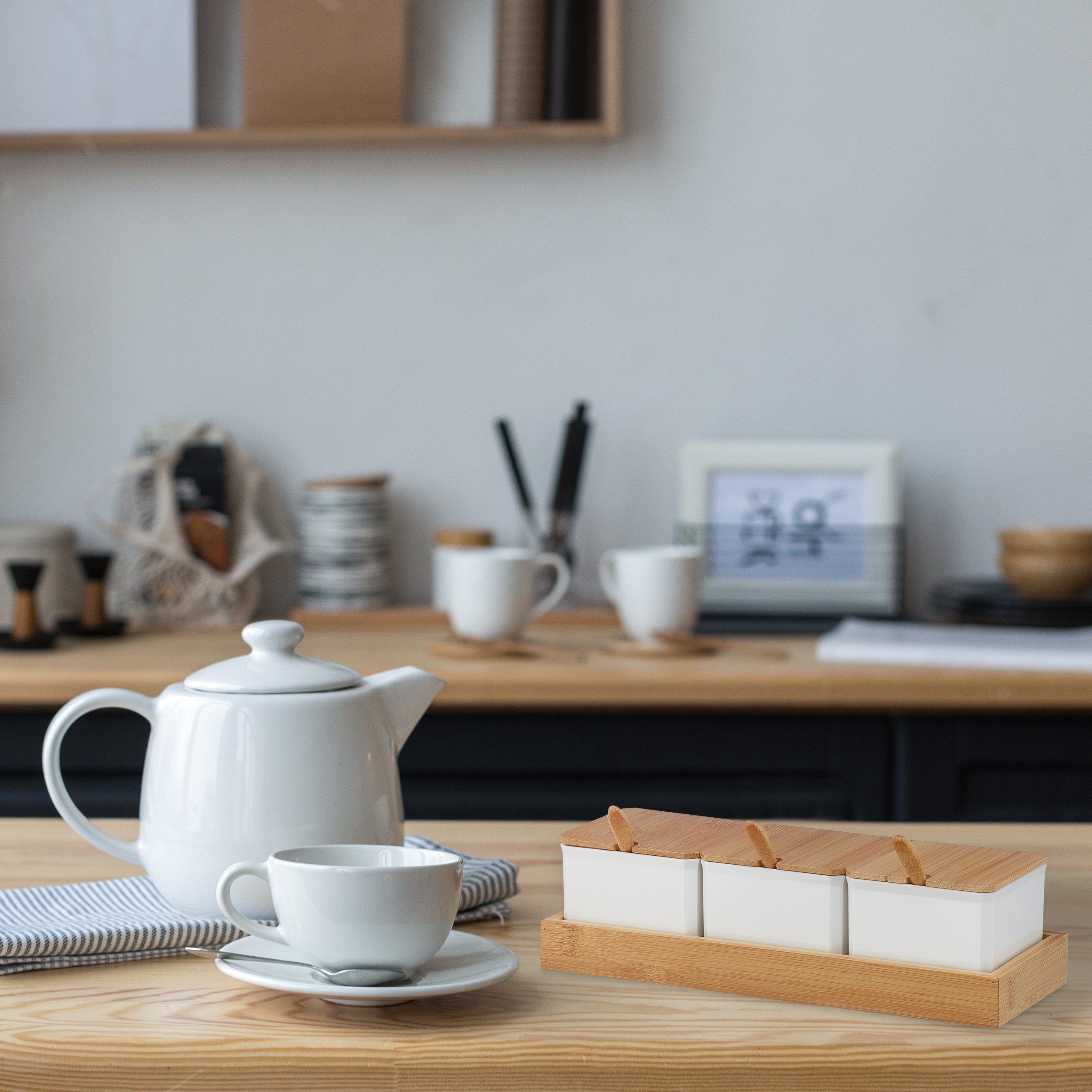 relaxdays Gewürzbehälter Set mit Löffel & Deckel, Bambus, weiß günstig online kaufen