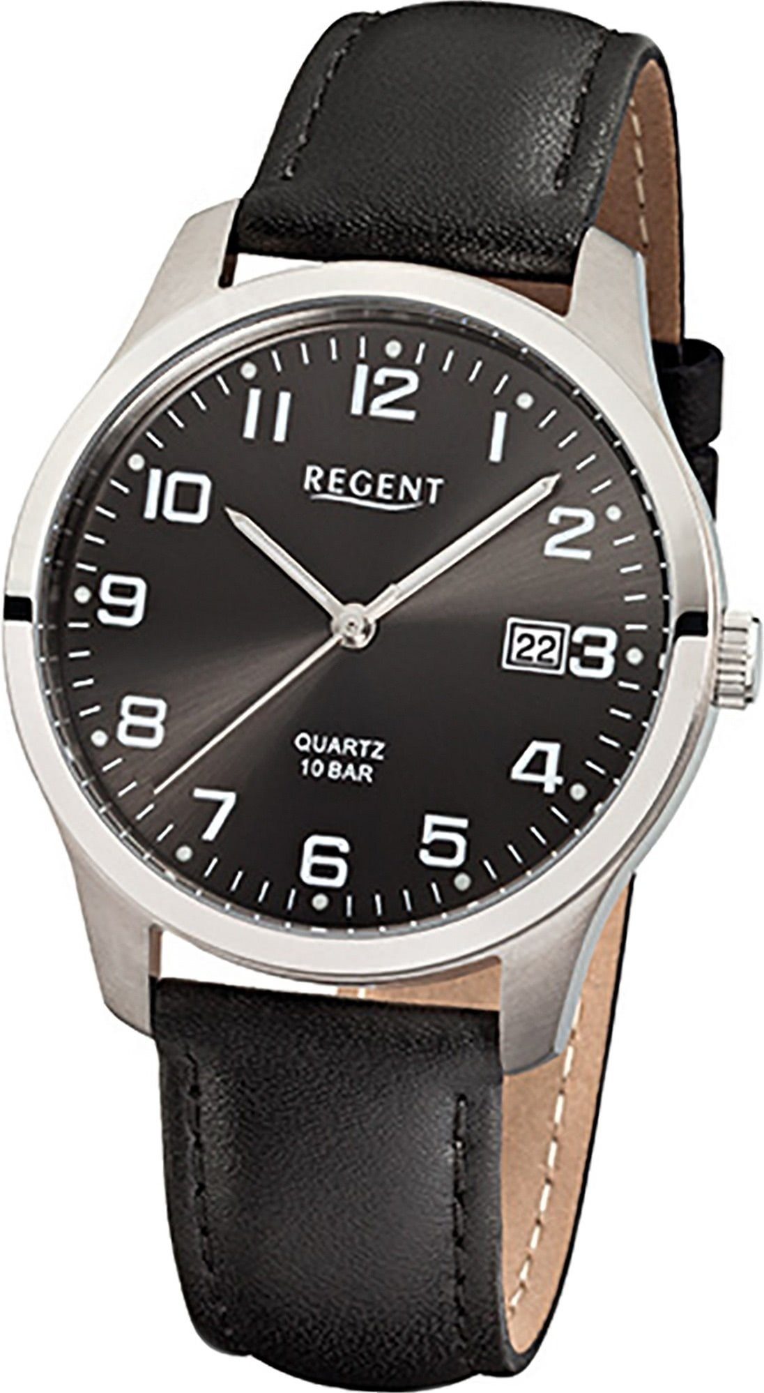 Regent Quarzuhr Regent Leder Herren Uhr F-932 Quarzuhr, Herrenuhr mit Lederarmband, rundes Gehäuse, mittel (ca. 37mm), Elegant