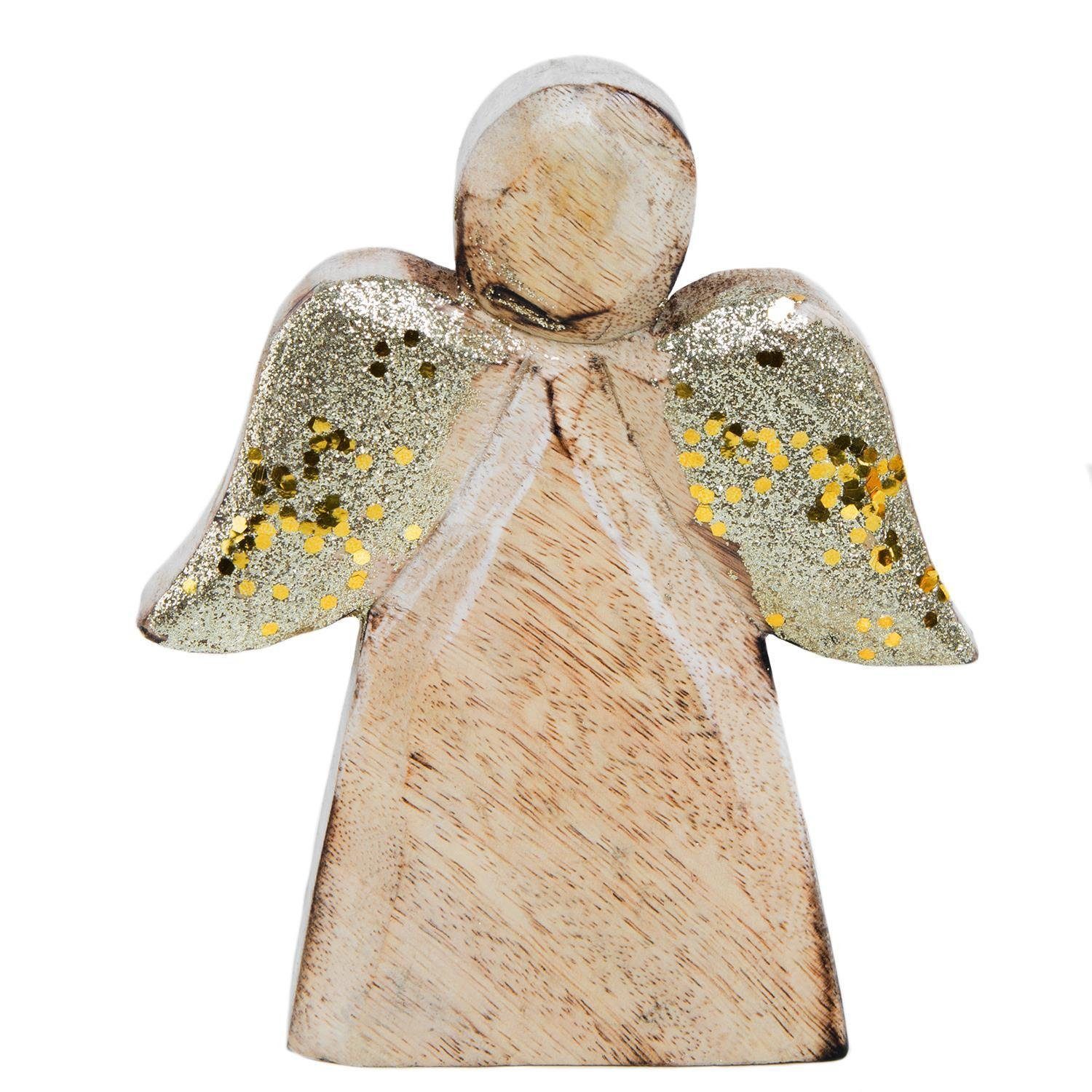Logbuch-Verlag Weihnachtsfigur Holzengel zum Hinstellen Engel Figur aus Mangoholz (1 St), mit goldfarbenen glitzer Flügeln
