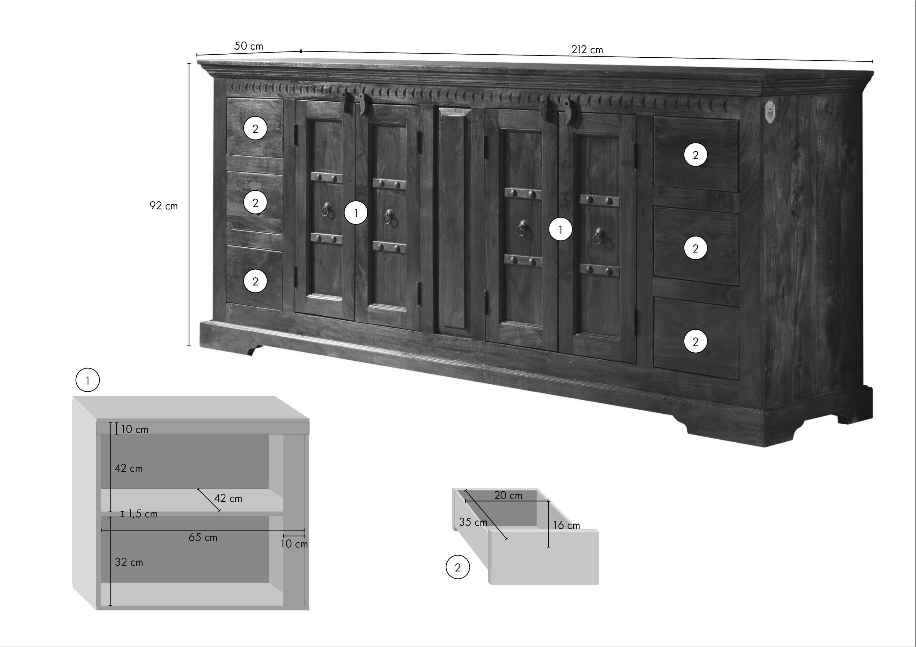 Massivmoebel24 Sideboard OXFORD (Massivholz), Sideboard Akazie 212x50x93 honig  lackiert OXFORD #0414