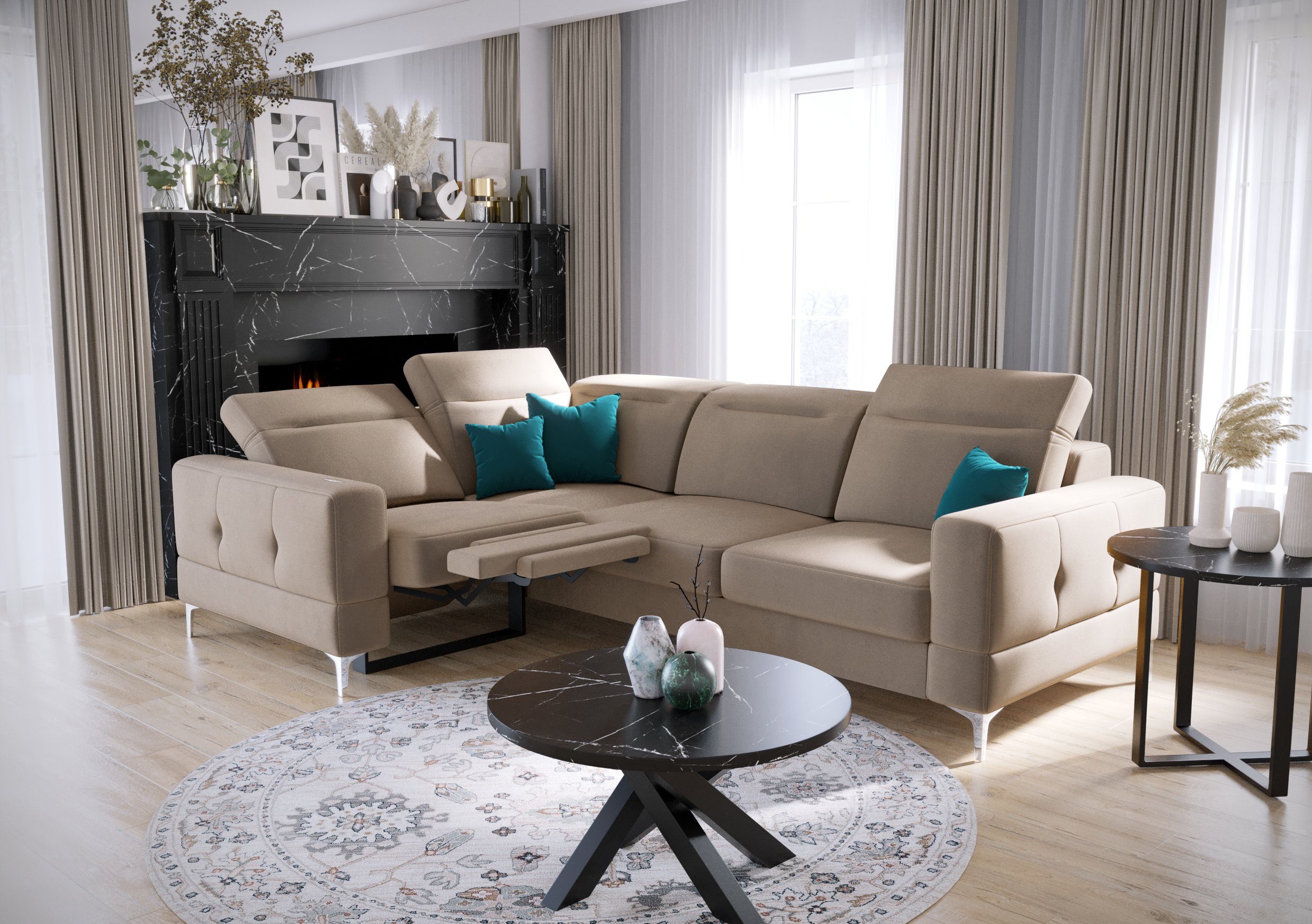Möbel für Dich Ecksofa Malibu Relax, mit Relaxfunktion, mit Stoff-und Farbauswahl, mit Schlaffunktion Veloursstoff Element 06 beige