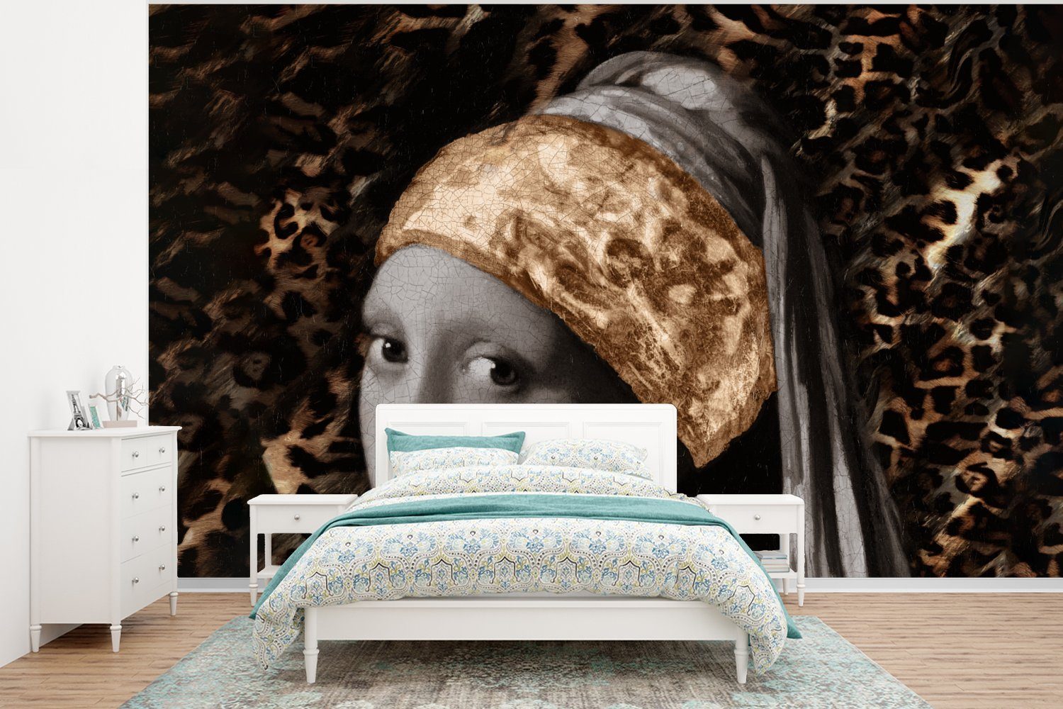 MuchoWow Fototapete Mädchen mit Perlenohrring - Gemälde - Pantherdruck, Matt, bedruckt, (6 St), Wallpaper für Wohnzimmer, Schlafzimmer, Kinderzimmer, Vinyl Tapete
