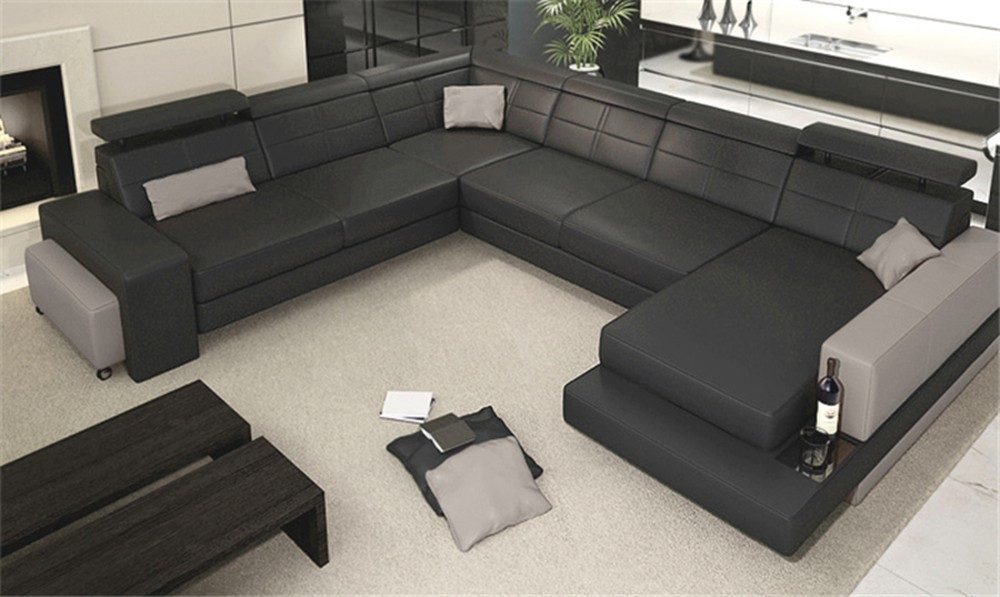 JVmoebel Wohnlandschaft Ecksofa aus weißem Leder mit Ottomane und Edelstahlfüßen, Made in Europa
