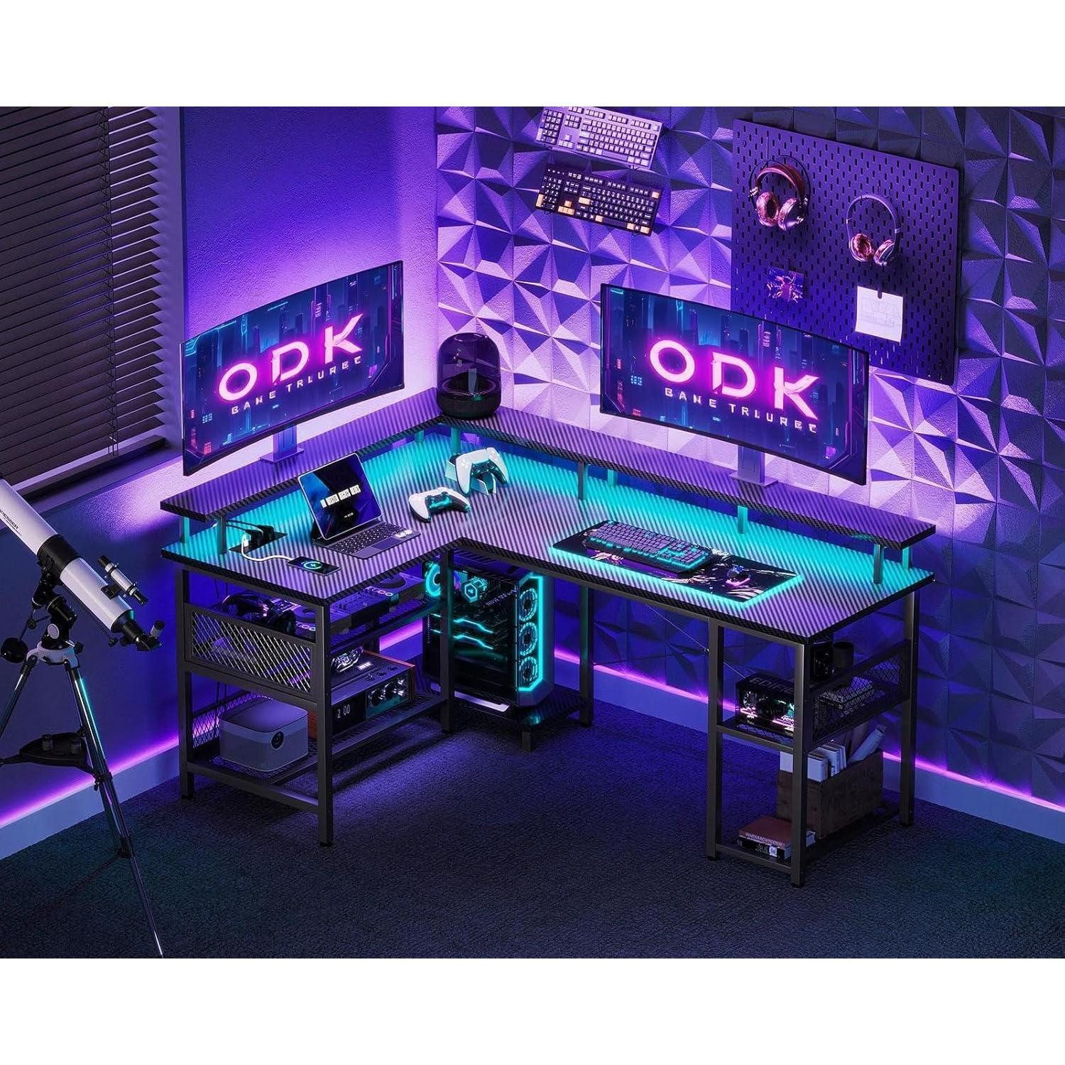 LuxusKollektion Gamingtisch Gaming Eckschreibtisch LED USB Steckdosen Kohlefaser Schwarz 150×102cm