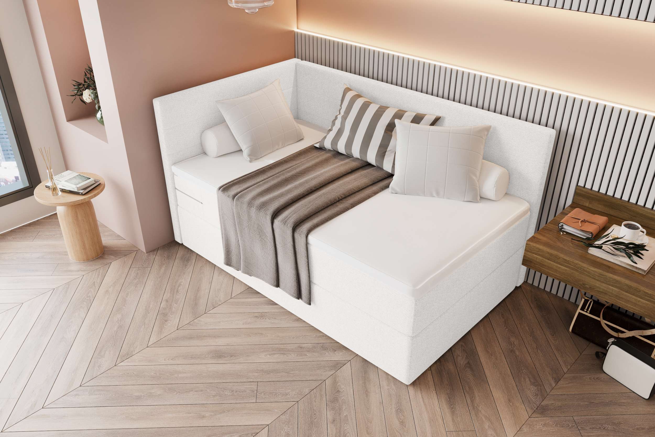 99rooms Boxspringbett Phönix Mini Plus (Schlafzimmerbett, Bett), mit Taschenfederkernmatratze und Topper, in Webstoff MALMO_NEW