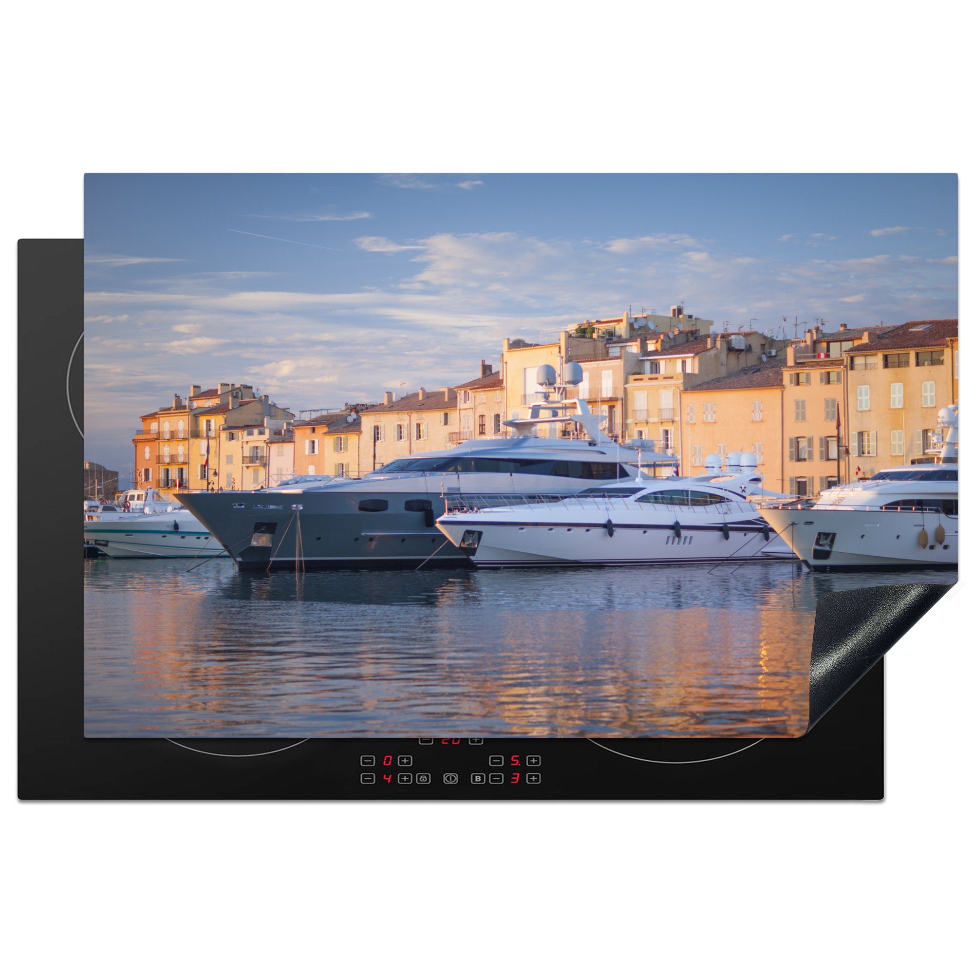 MuchoWow Herdblende-/Abdeckplatte Große Yachten im Hafen von Saint-Tropez in Frankreich, Vinyl, (1 tlg), 81x52 cm, Induktionskochfeld Schutz für die küche, Ceranfeldabdeckung