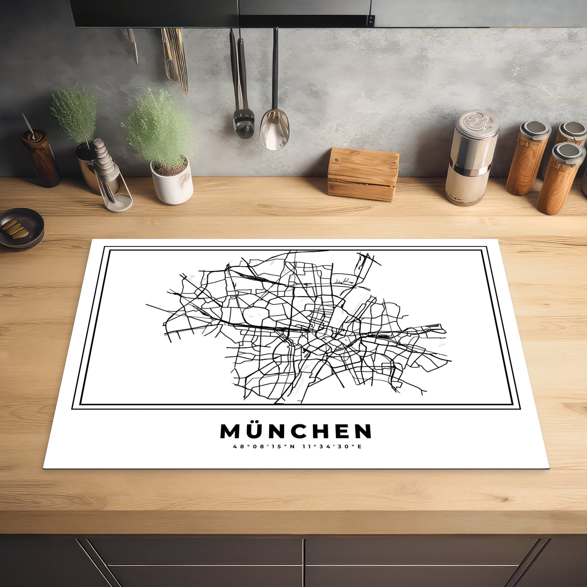 Vinyl, Ceranfeldabdeckung - küche, - cm, Stadtplan - für Deutschland Schwarz-Weiß, - Herdblende-/Abdeckplatte die tlg), 81x52 Karte München MuchoWow Induktionskochfeld Schutz (1