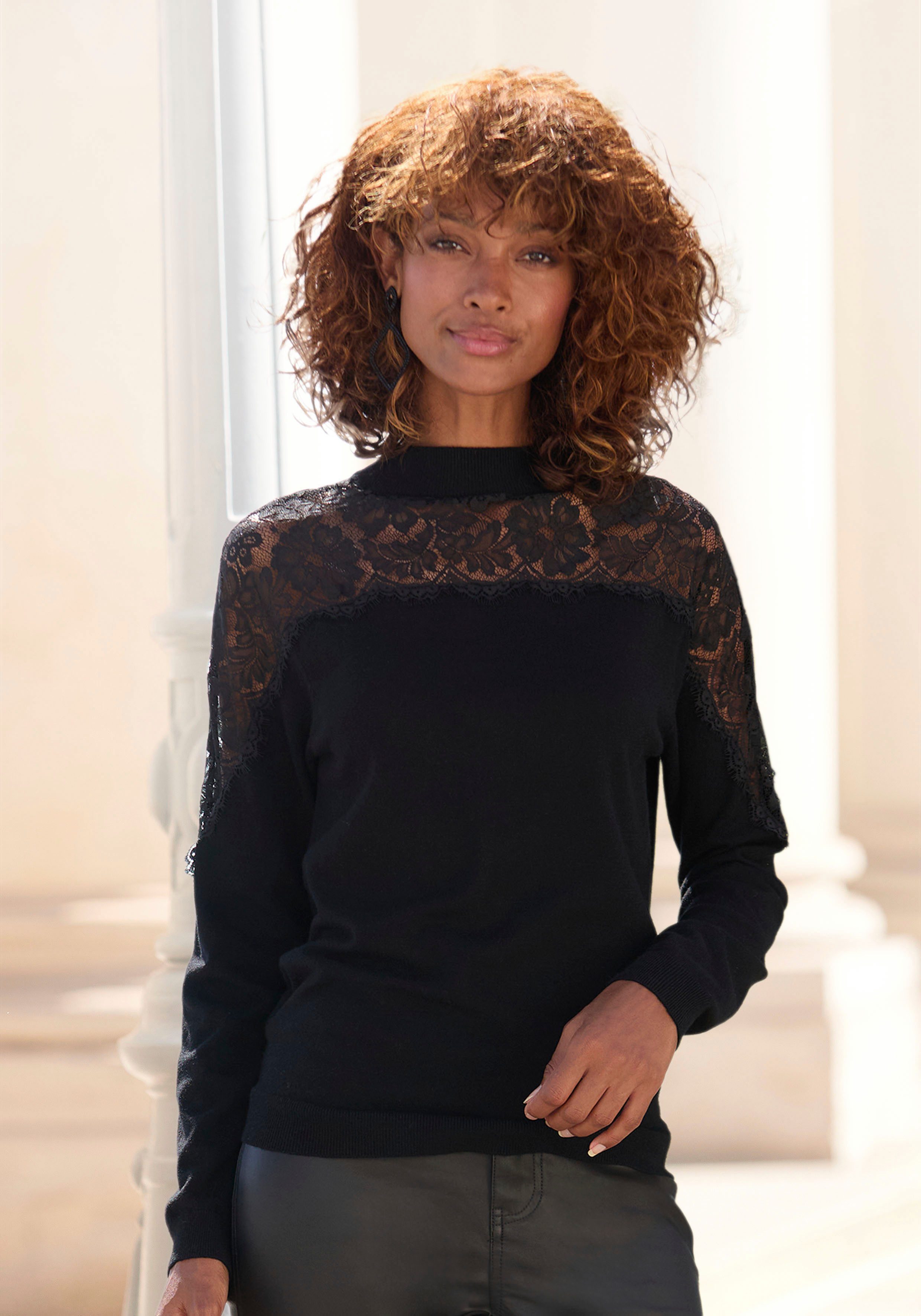 LASCANA Strickpullover mit Spitzeneinsatz, eleganter Damenpullover, festlic günstig online kaufen