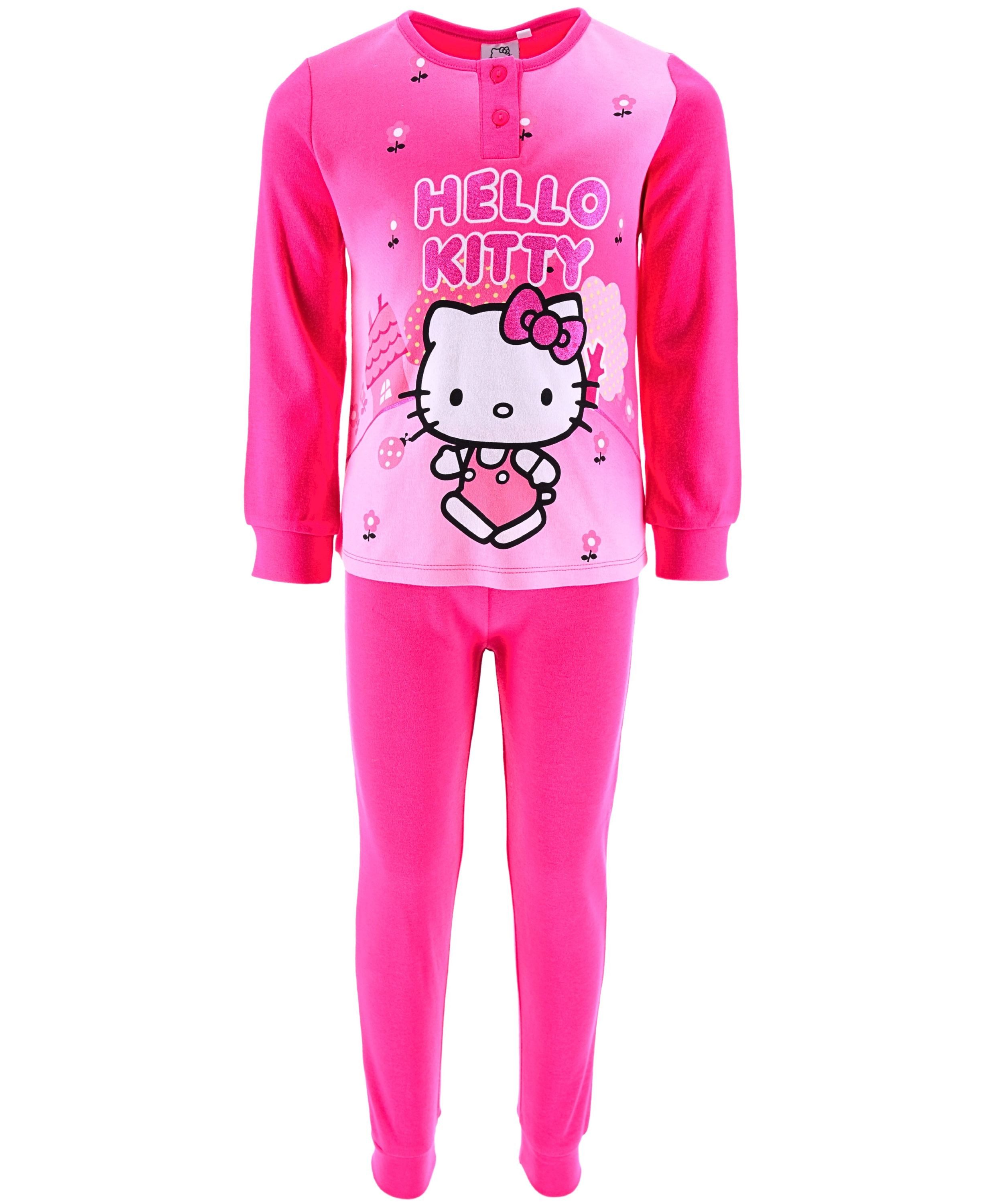 Hello Kitty Schlafanzug HELLO KITTY (2 tlg) Mädchen Pyjama mit Glitzer langarm Gr. 98 - 128 cm