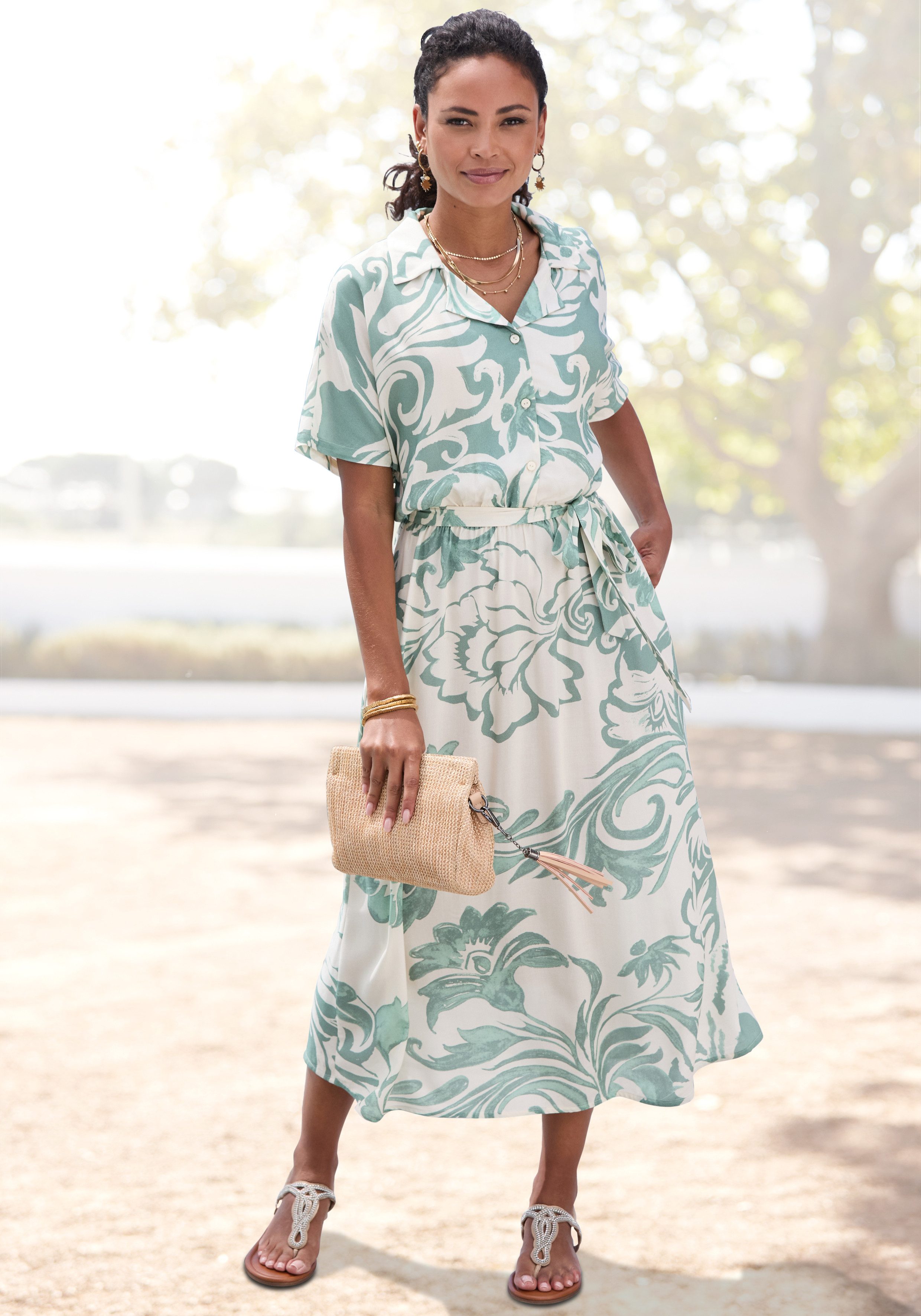 Vivance by Lascana Midikleid mit Alloverdruck aus gewebter Viskose (mit Bindegürtel), leichtes Sommerkleid, Webkleid mit kurzen Ärmeln, Hemdblusenkleid
