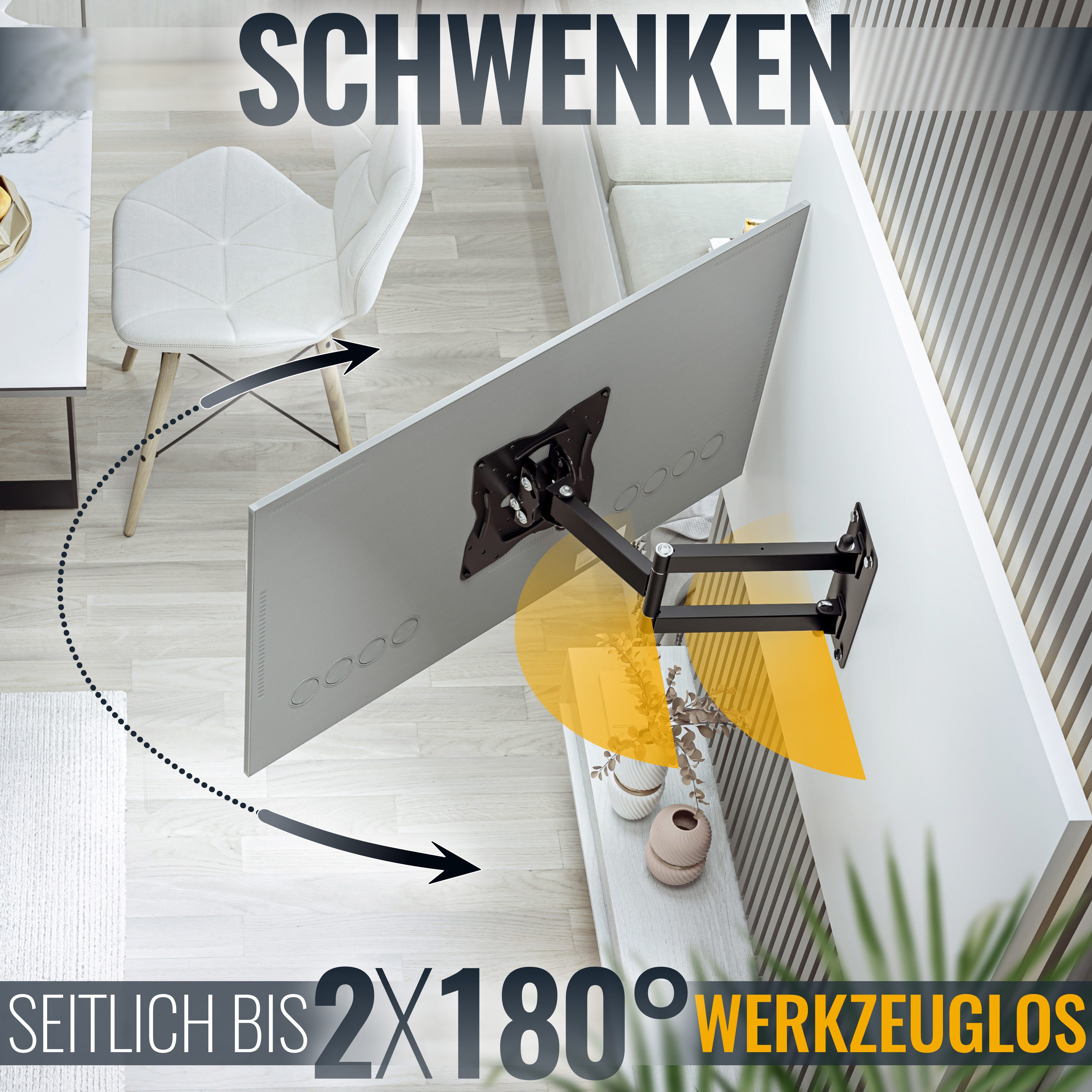 RICOO TV-Wandhalterung TV Monitor Wandhalterung 27"-55" mit Schwenk- und Neigefunktion S1022, (bis 55 Zoll, VESA 75x75 bis 200x200, 1-tlg., Aufnahme 30Kg, 27"-55" (69-140cm) Bildschirm Diagonale, bis 180° schwenkbar, +15/-3 °neigbar, ausziehbar Fernseher Halter)