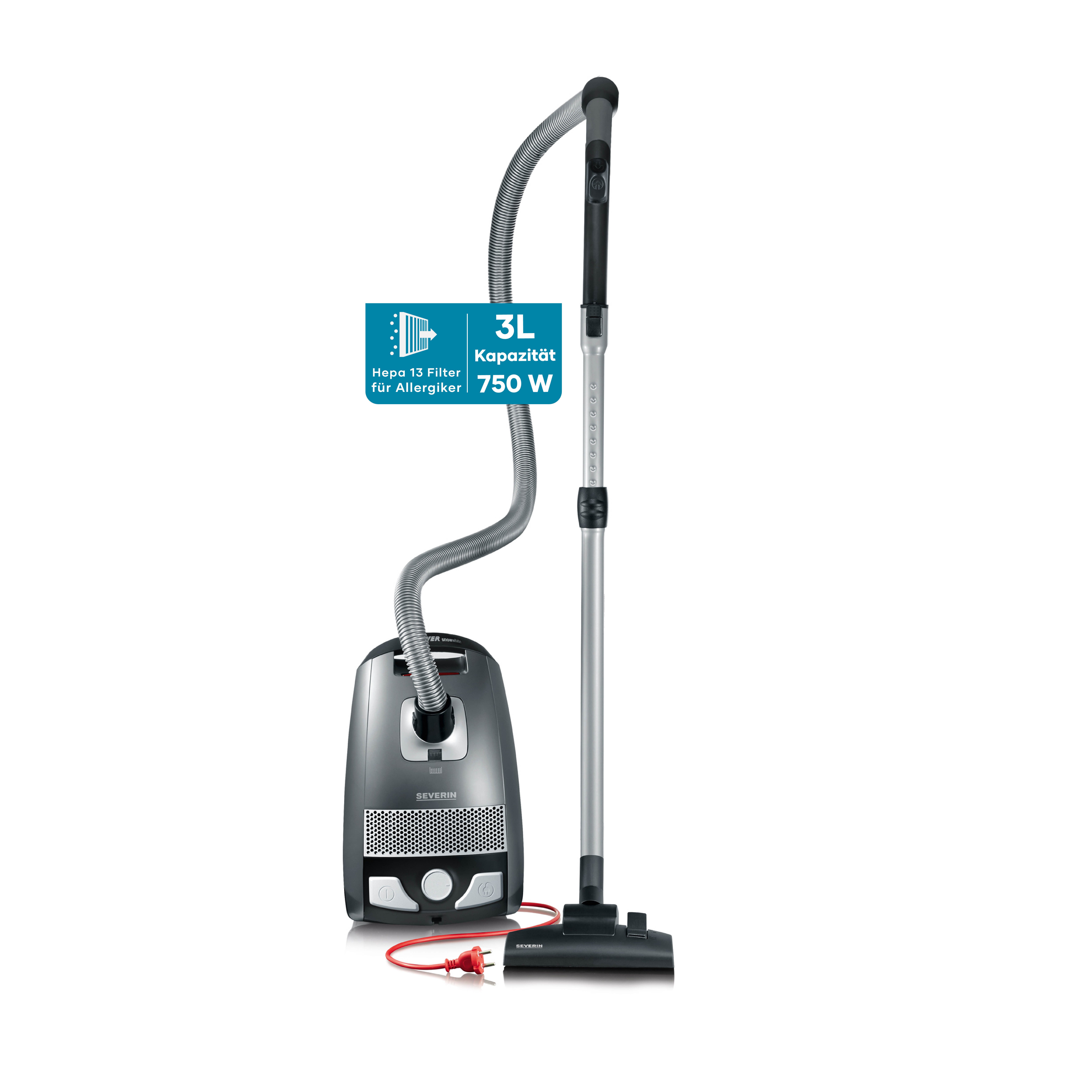 Severin Bodenstaubsauger BC 7045, 750 W, Staubsauger mit Beutel, 360° Rollen, HEPA 13-Filter, Parkett & Teppich