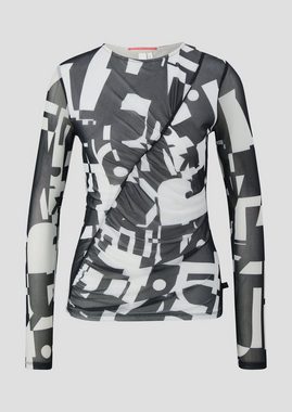 QS Langarmshirt Mesh-Shirt mit All-over-Print Raffung