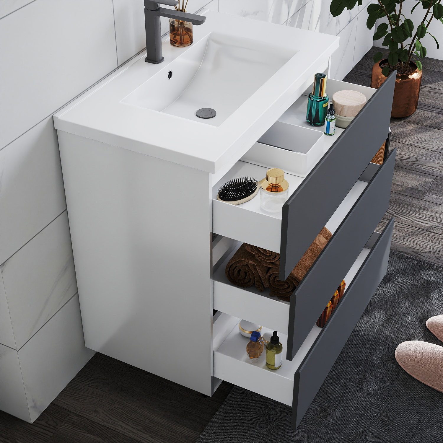 duschspa Waschtisch Badmöbel Set Waschbecken mit Unterschrank Badezimmer Möbel Schrank (Hängeschrank, mit Schrankfüße), 80/100cm breit