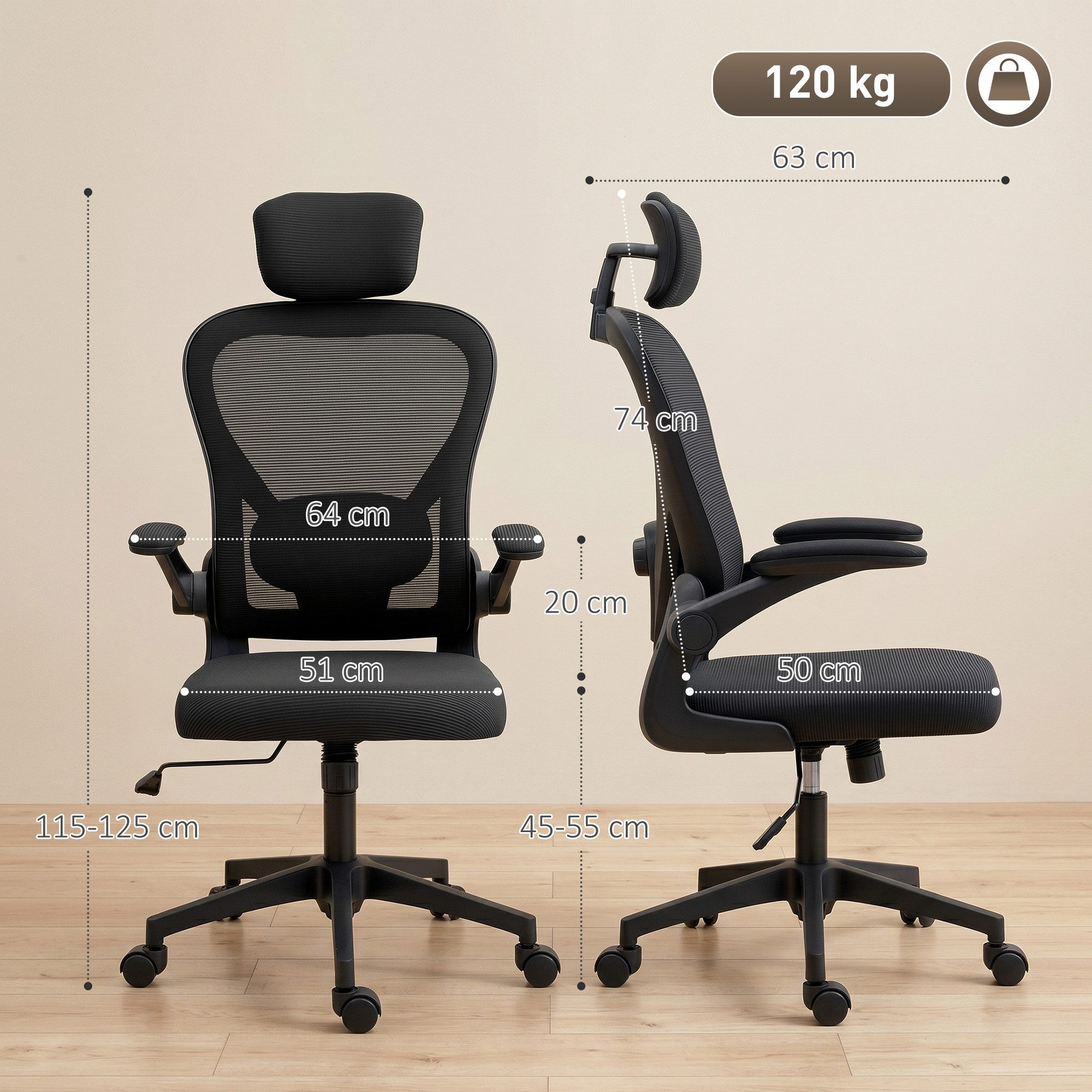 HOMCOM Bürostuhl Hochklappbare Armlehnen, Drehstuhl, Wippfunktion, Netz schwarz (Ergonomischer Schreibtischstuhl, 1 St), Verstellbare Kopfstütze und Lendenstütze