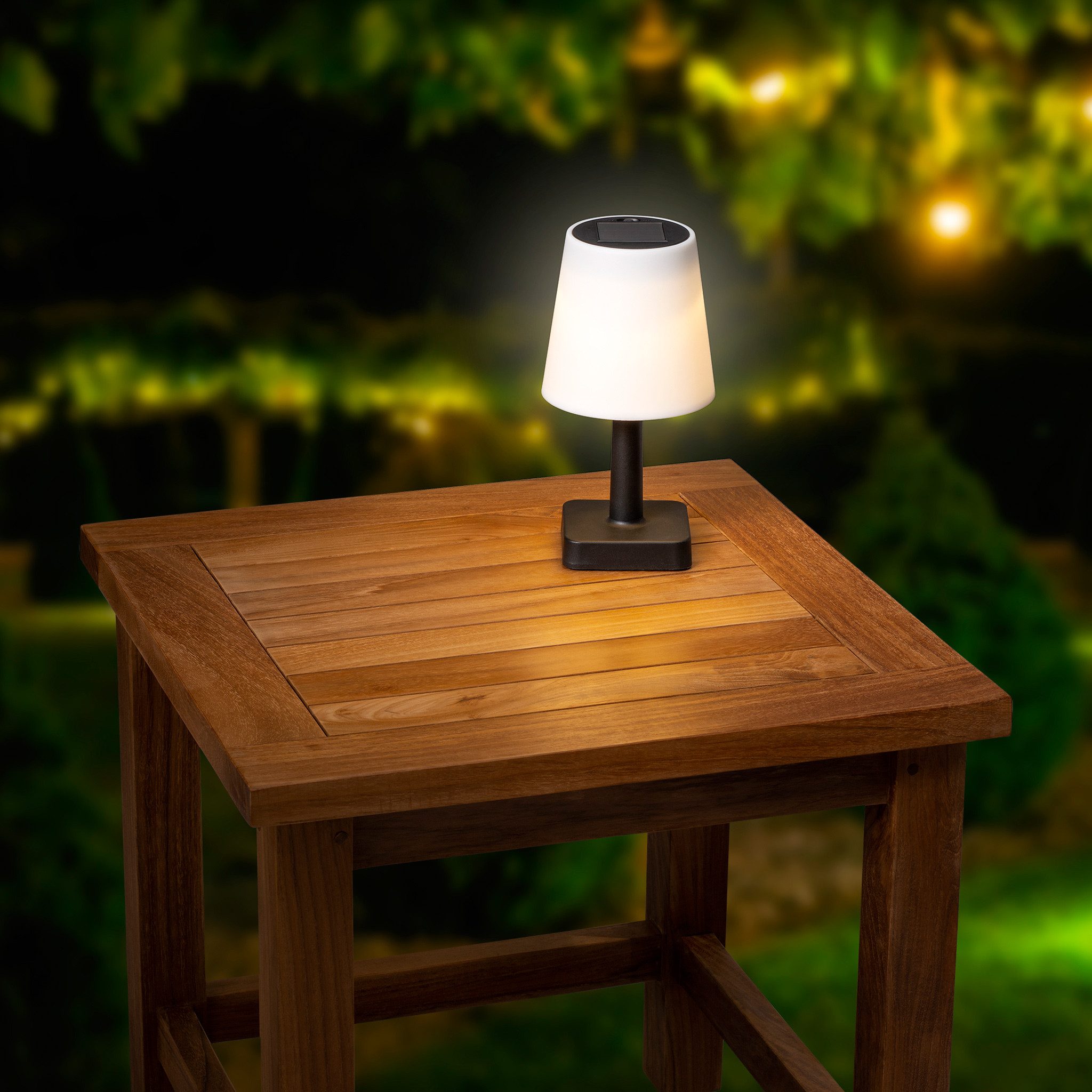 Lumineo LED Solarleuchte, Dauerlicht, warmweiß, Solar Tischlampe kabellos 12x23cm Kunststoff Outdoor Warmweiß