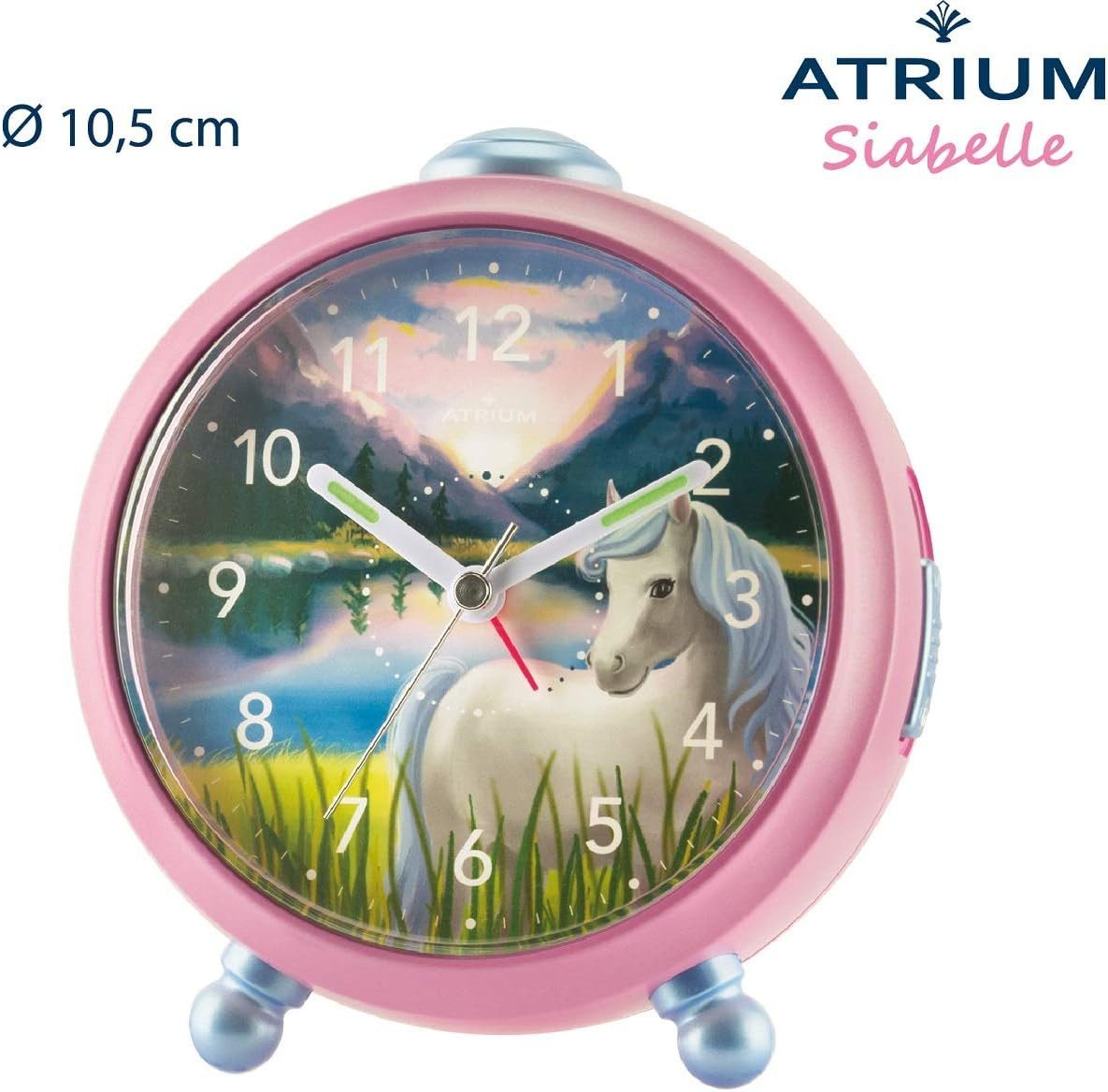 Atrium Kinderwecker A932-17 Siabelle Analog Quarz leise Licht Snooze Mädchen Pferd Rosa Geschenk Ø10,5cm – Bild 3 von 5