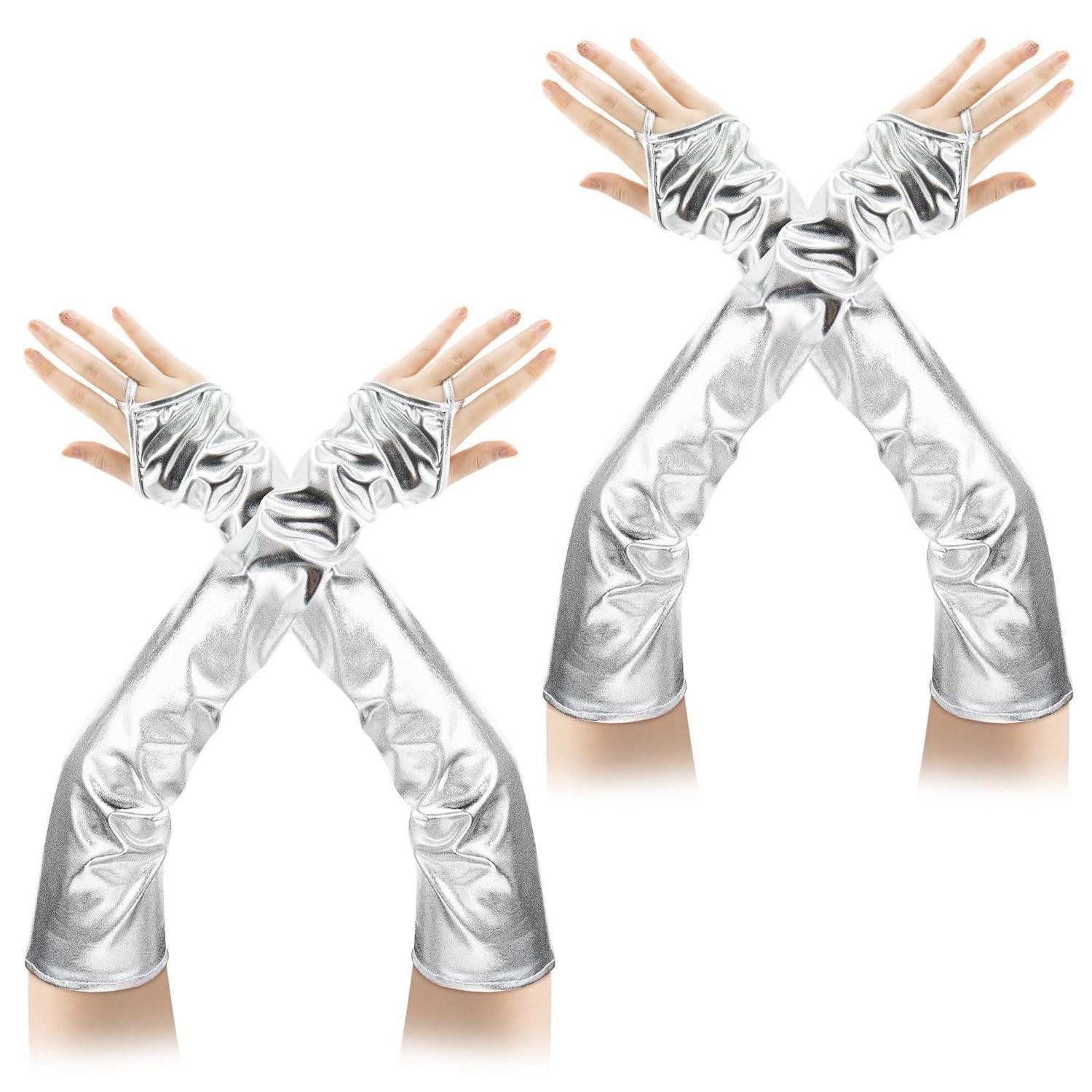 LuxusKollektion Kostüm Handschuhe Damen fingerlos Lackleder silber 2 Paar