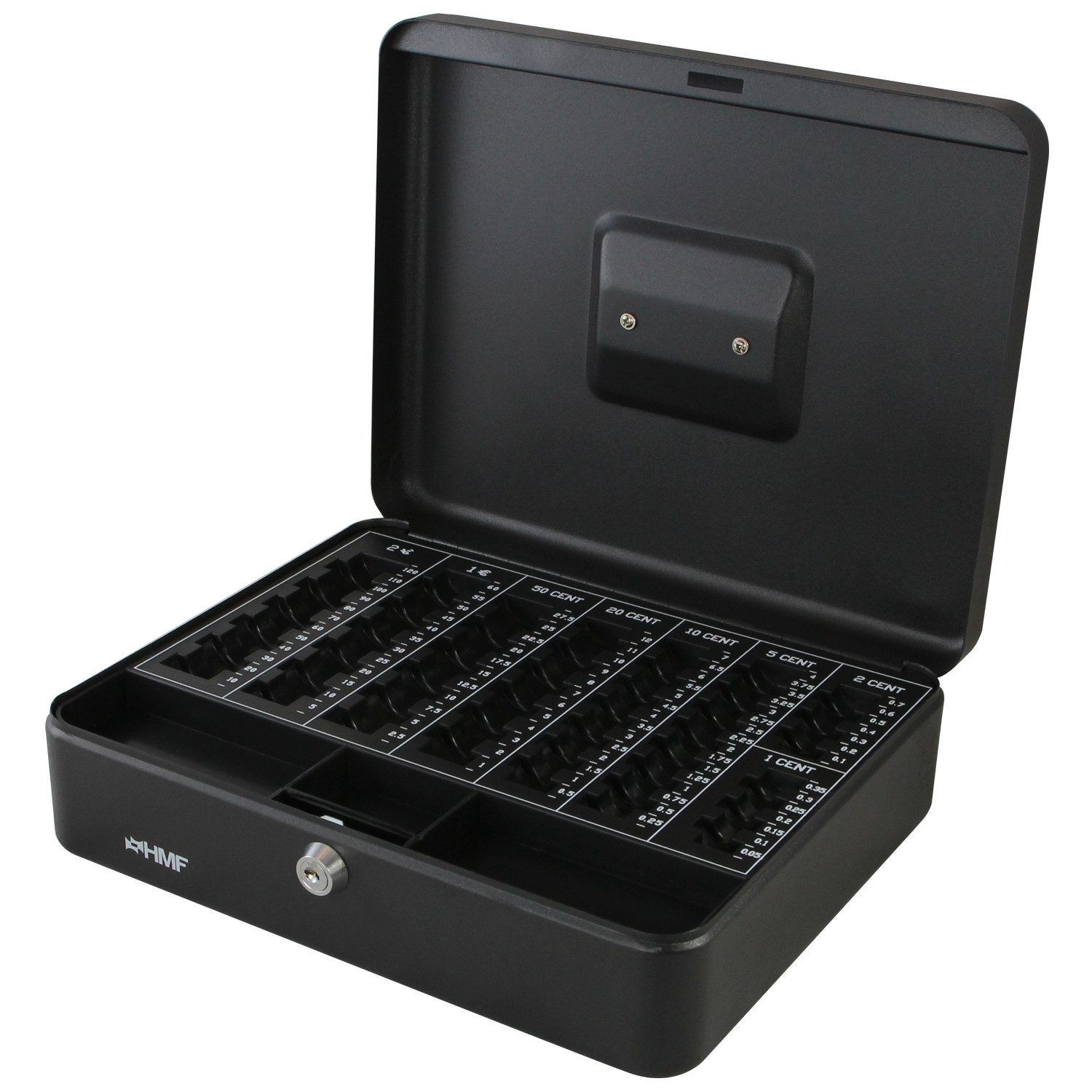 HMF Geldkassette Abschließbare Bargeldkasse mit Euro-Münzzählbrett, robuste Geldbox mit Schlüssel, 30 x 24 x 9 cm, schwarz