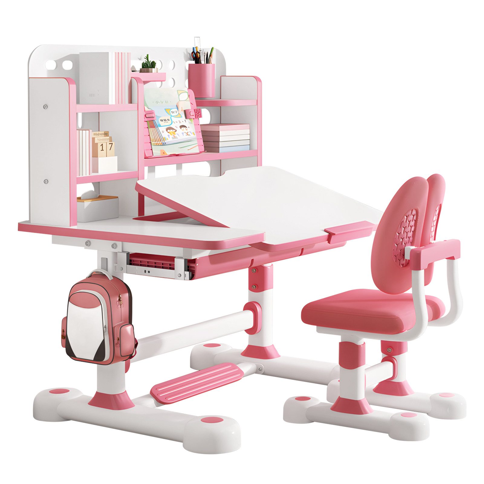 Rutaqian Kinderschreibtisch Kinder-Schreibtisch- und Stuhl-Set,Höhenverstellbar mit Sitzkorrektur (Multifunktionsschreibtisch mit Leseständer,Schublade,Rucksackhaken, 1-St., Ergonomischer Schreibtisch-Stuhl Set,Zonenförmig gestalteter Stauraum), Verstellbarer Schreibplatte, Kinder Schreibtisch für Jungs & Mädchen