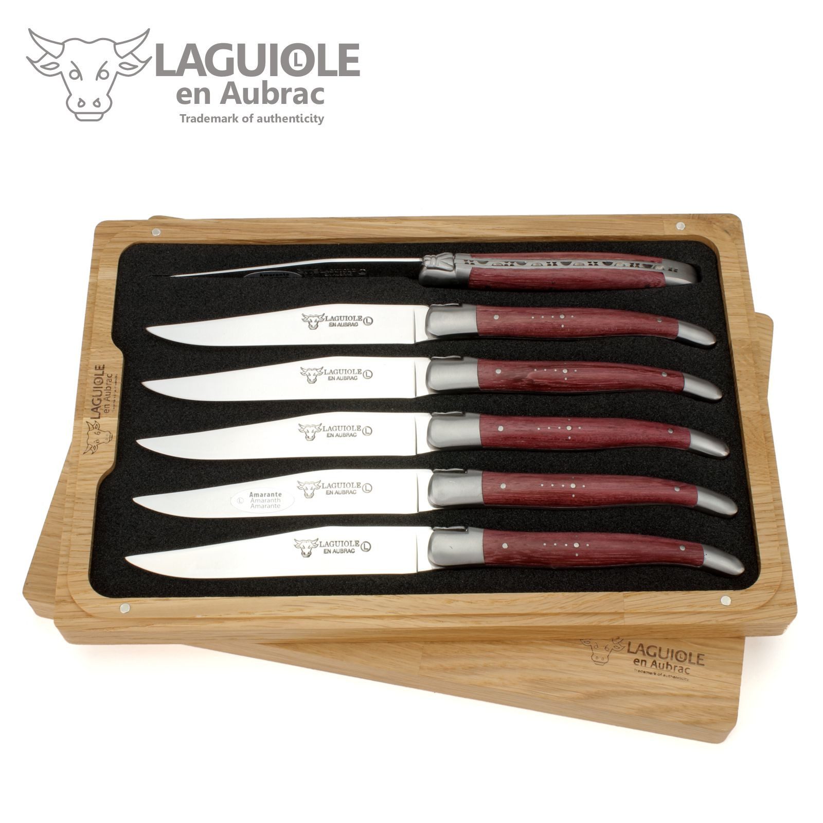 Laguiole en Aubrac Steakmesser 62C99ATIH 6er Set - Griff Amaranth - Backen matt - Klinge glänzend - Holzbox
