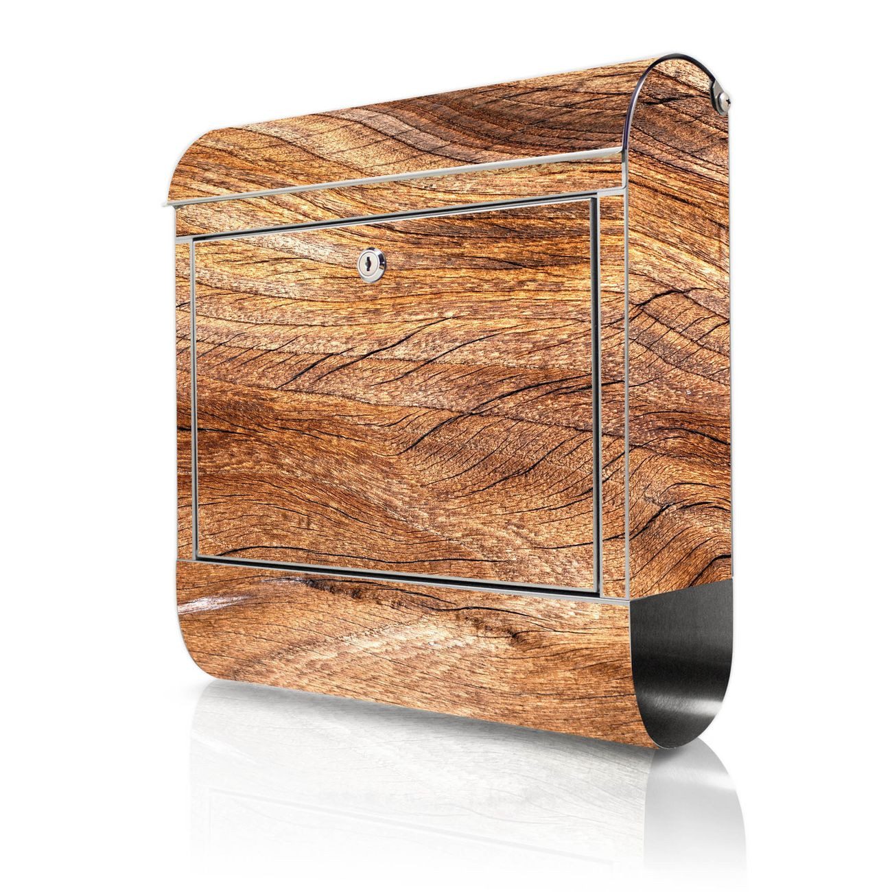 banjado Wandbriefkasten Edelstahl mit Motiv Holz Struktur Fließend (Wandbriefkasten groß, mit Zeitungsfach), 38 x 42,5 x12 cm