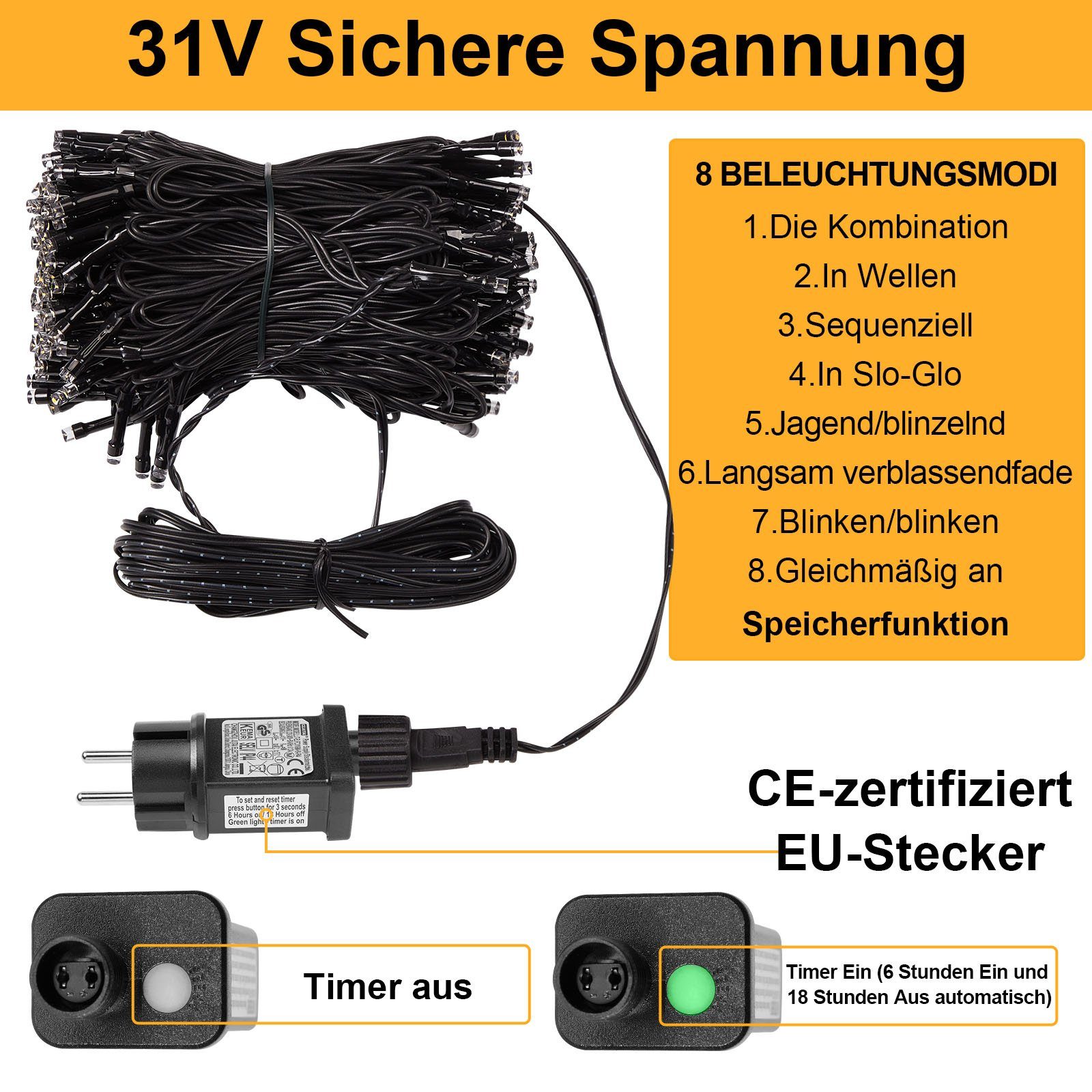 Rosnek LED-Baummantel 20/50/100M 8 Modi LED Lichterkette für Weihnachten Garten Baum, 200-flammig, mit 5M Netzkabel, Timer Speicherfunktion, mit Stecker, 31V DC – Bild 4 von 5