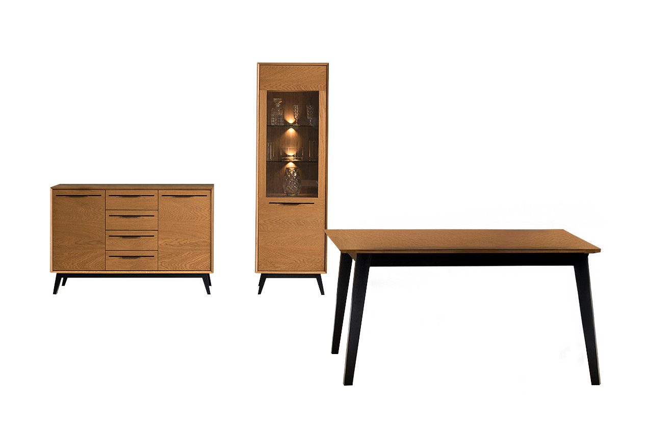 99rooms Essgruppe Lindau, (Set (3-St), Esszimmerset), Modern Design, mit LED-Beleuchtung, Soft-Close, aus Massivholz