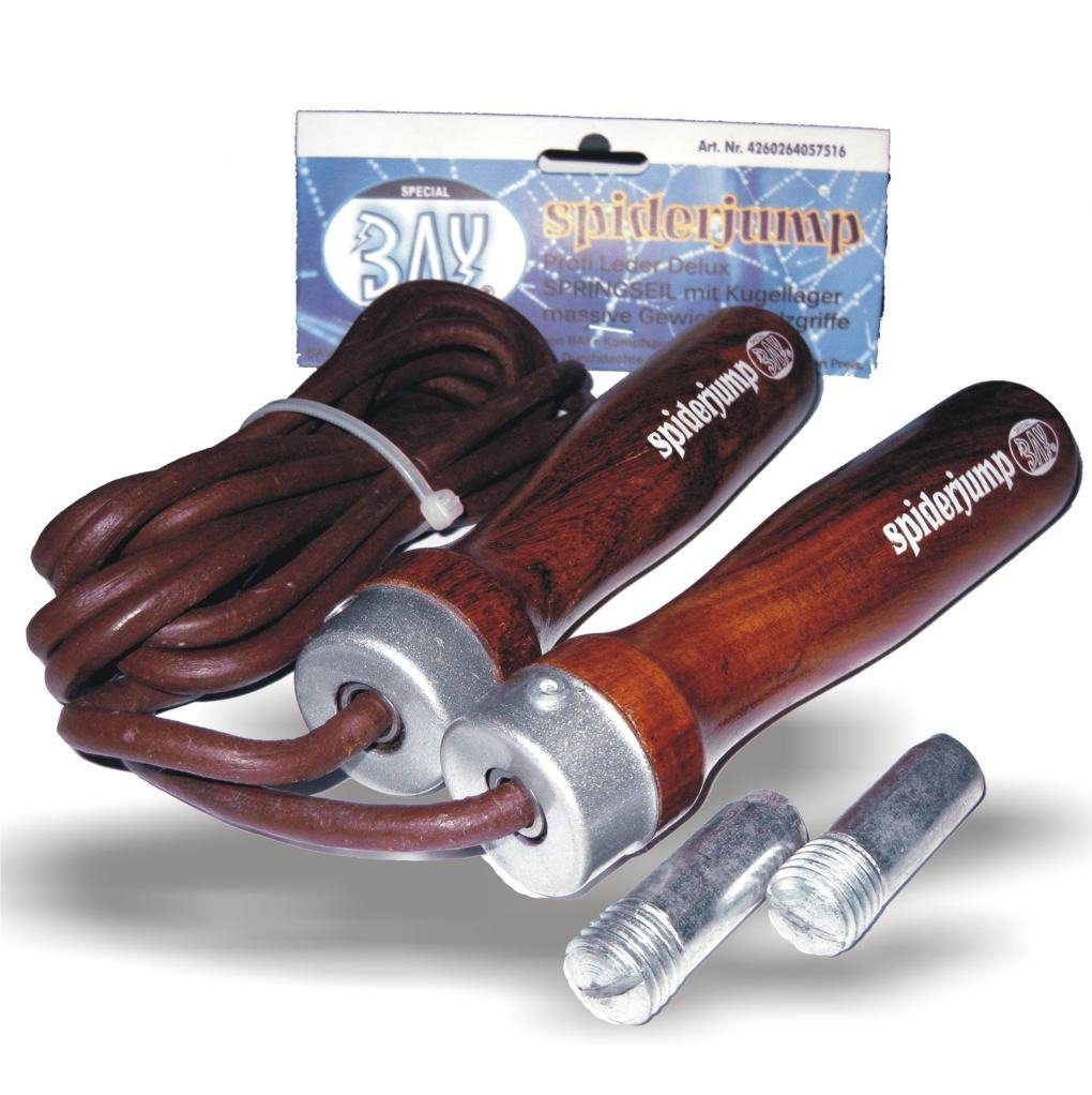 BAY-Sports Springseil Spiderjump 305 Leder Sprungseil Holzgriffe Lederspringseil Kugellager, Echte Holzgriffe, High Speed, perfekte Ausdauertraining
