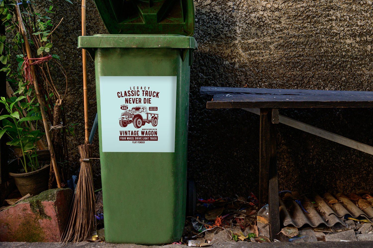 MuchoWow Wandsticker Mancave - Auto - Mülltonne, (1 Blau Mülleimer-aufkleber, Vintage Container, - St), Sticker, Abfalbehälter