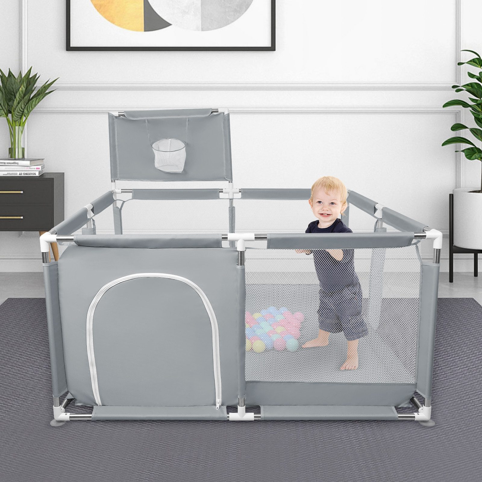 JEOBEST Laufstall Laufstall Baby 126x66cm Laufgitter baby Kinder laufgitter, Sicherer Spielbereich - mit Basketball-Netz und 50 Ozeanbälle