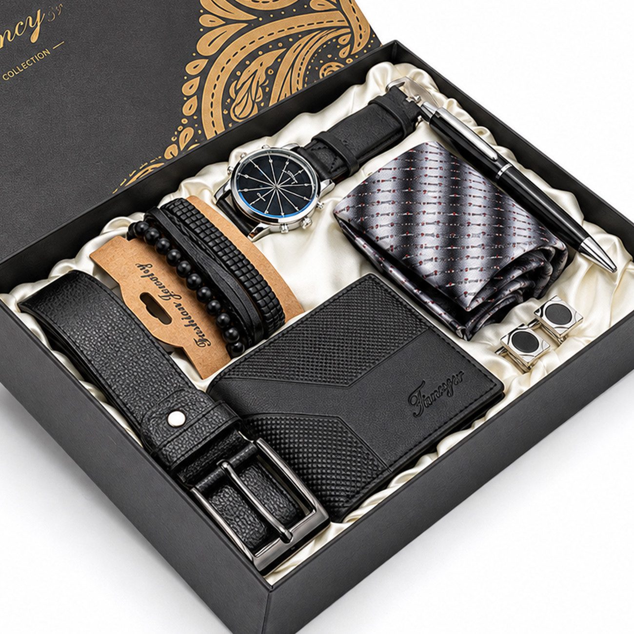 Fyrove Geschenkbox 7-teiliges Herren Geschenkset, Uhr, Geldbörse, Gürtel, Kugelschreiber (Armband, Krawatte & Manschettenknöpfe), Weihnachtsgeschenk & Neujahrsgeschenk