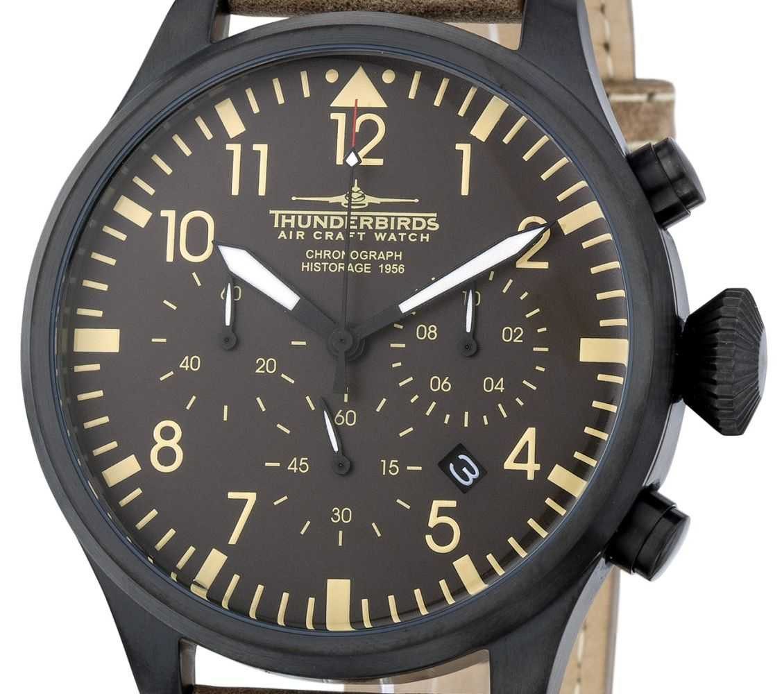 Thunderbirds Chronograph Fliegeruhr XL TB1076-01, 47 mm, Herrenarmbanduhr mit Lederarmband, Edelstahlgehäuse, Quarzwerk, Chronograph-Funktion & Datumsanzeige