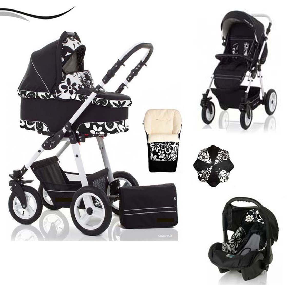 babies-on-wheels Kombi-Kinderwagen City Star 5 in 1 inkl. Autositz, Sonnenschirm und Fußsack - 18 Teile - von Geburt bis 4 Jahre in 16 Farben Schwarz-Blume