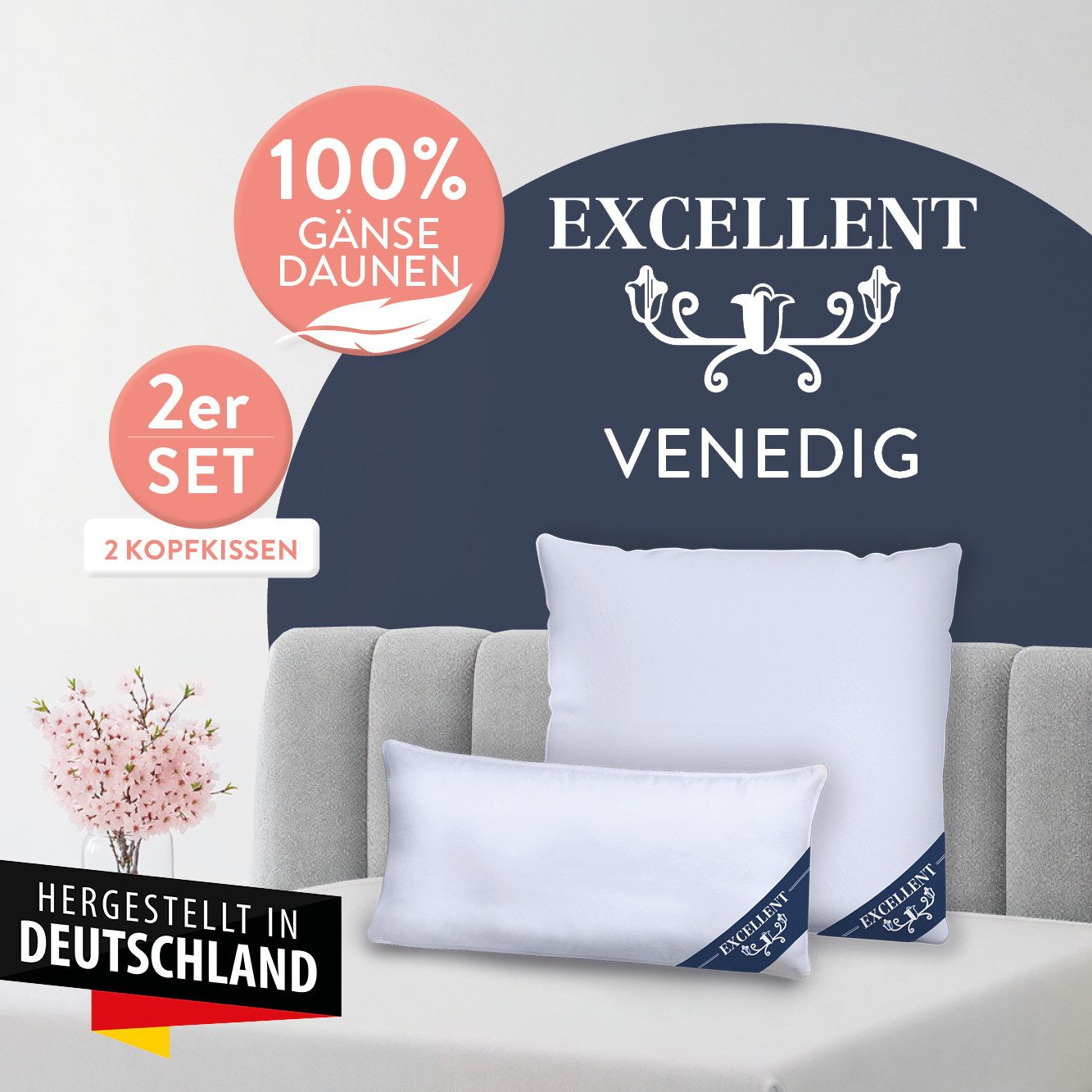 Excellent 3-Kammer-Kopfkissen Venedig, 3-Kammer-Kopfkissen Größenauswahl 40x40-80x80 cm, Füllung: weiße neue Gänsedaunen, Klasse I, 100% Daunen (Außen), weiße neue Gänsefedern, Klasse I, 100% Federn (Innen), Bezug: feiner Daunen-Batist, 100% Baumwolle, Seitenschläfer, Bauchschläfer, Rückenschläfer, 1-tlg. oder 2-tlg. erhältlich, hergestellt in Deutschland