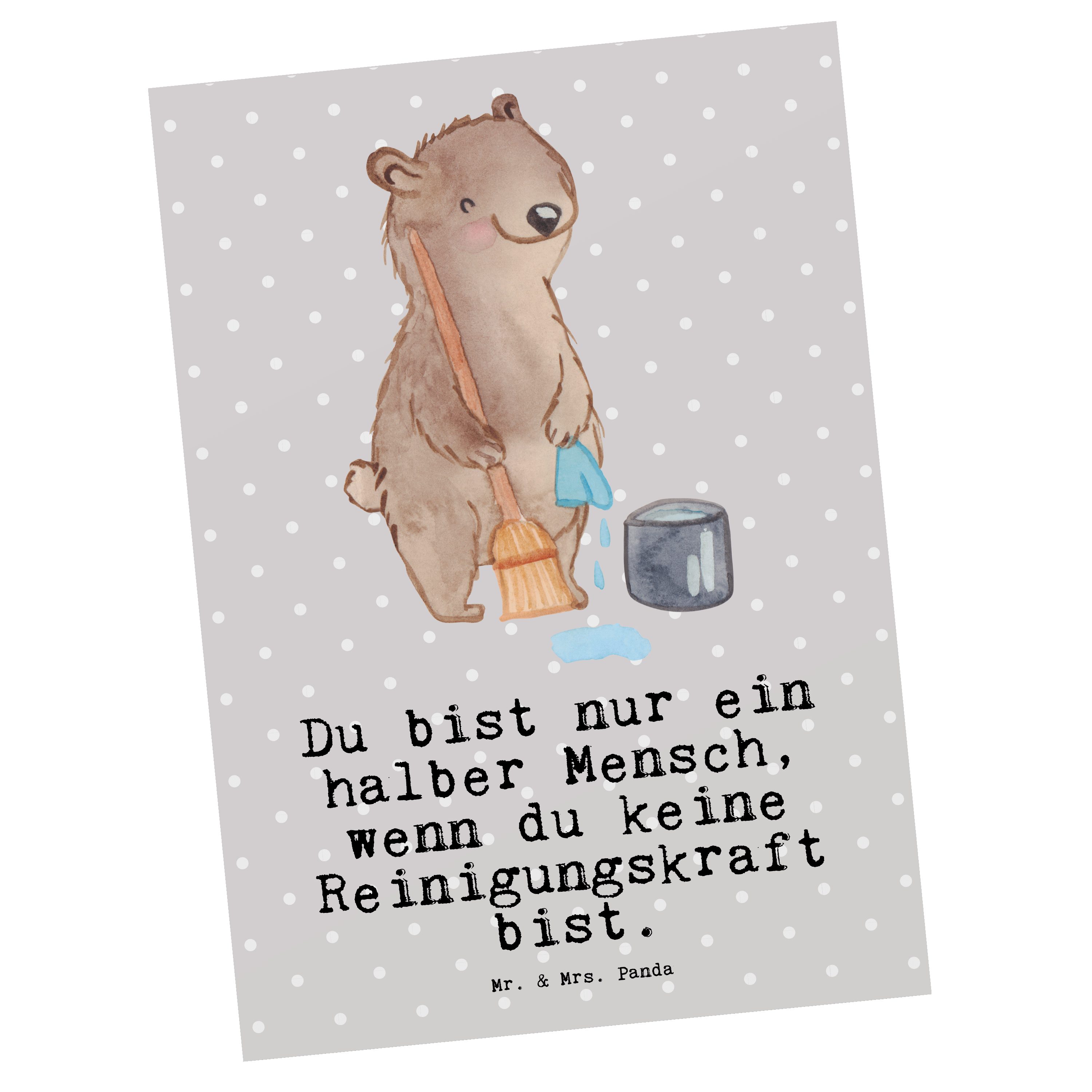 Mr. & Mrs. Panda Postkarte Reinigungskraft mit Herz - Grau Pastell - Geschenk, Geschenkkarte, Da
