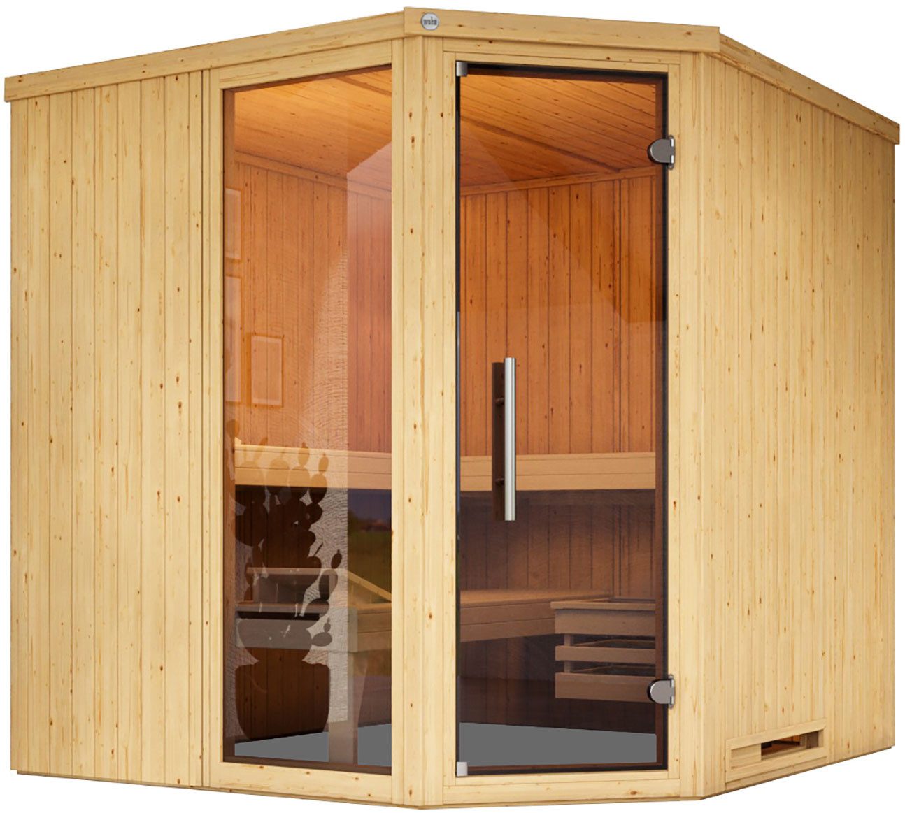 Thumbnail - weka Sauna Element-Ecksauna VARBERG 3, BxTxH: 194 x 194 x 199 cm, 38 mm, vorgefertigte Elemente, moderne Ganzglastür, bo...