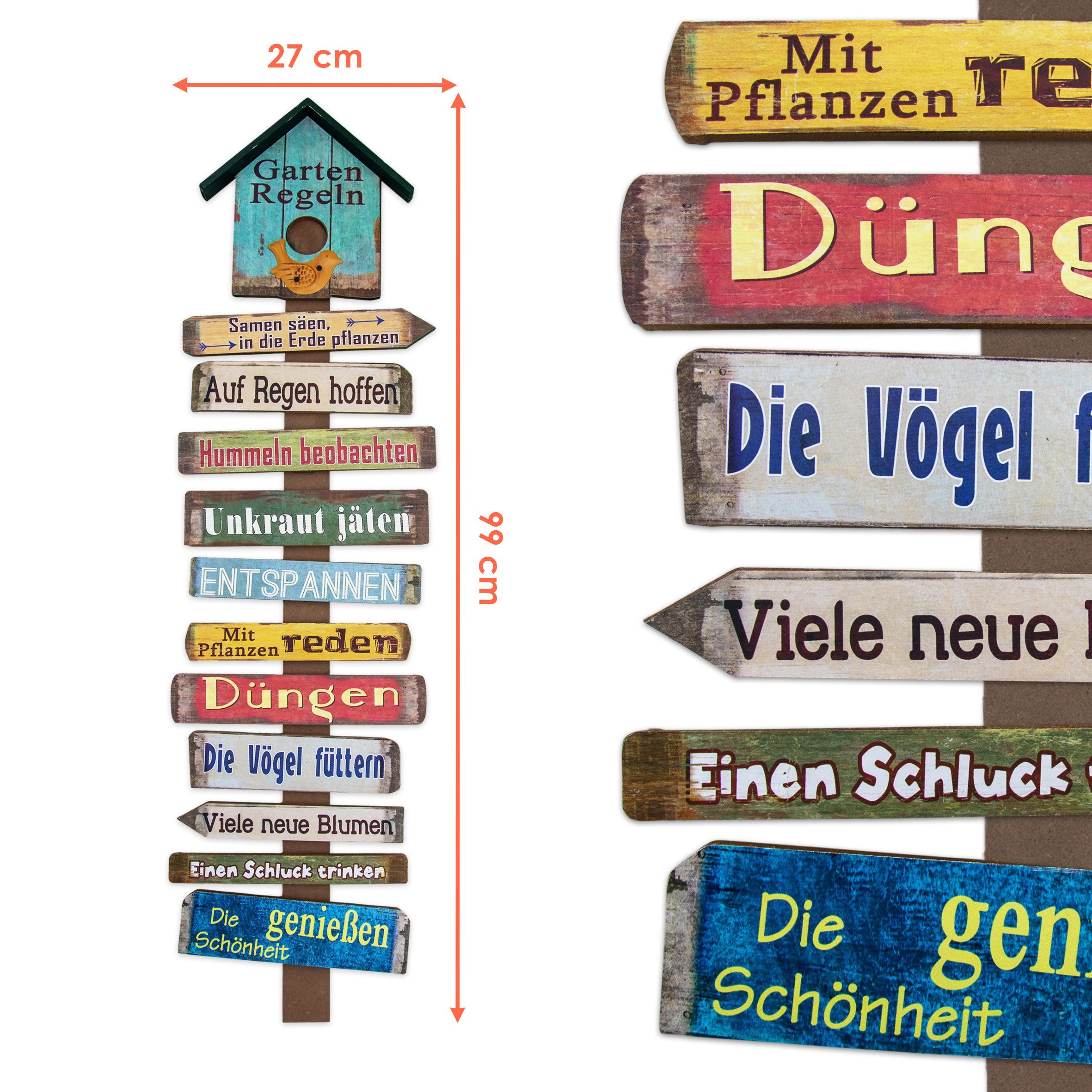 Spetebo Deko-Schriftzug Holz Gartenstab mit 11 Gartenregeln - 99 x 27 cm (Stück, 1 St., Gartenschild), Buntes Holzschild mit 11 Regeln für den Garten