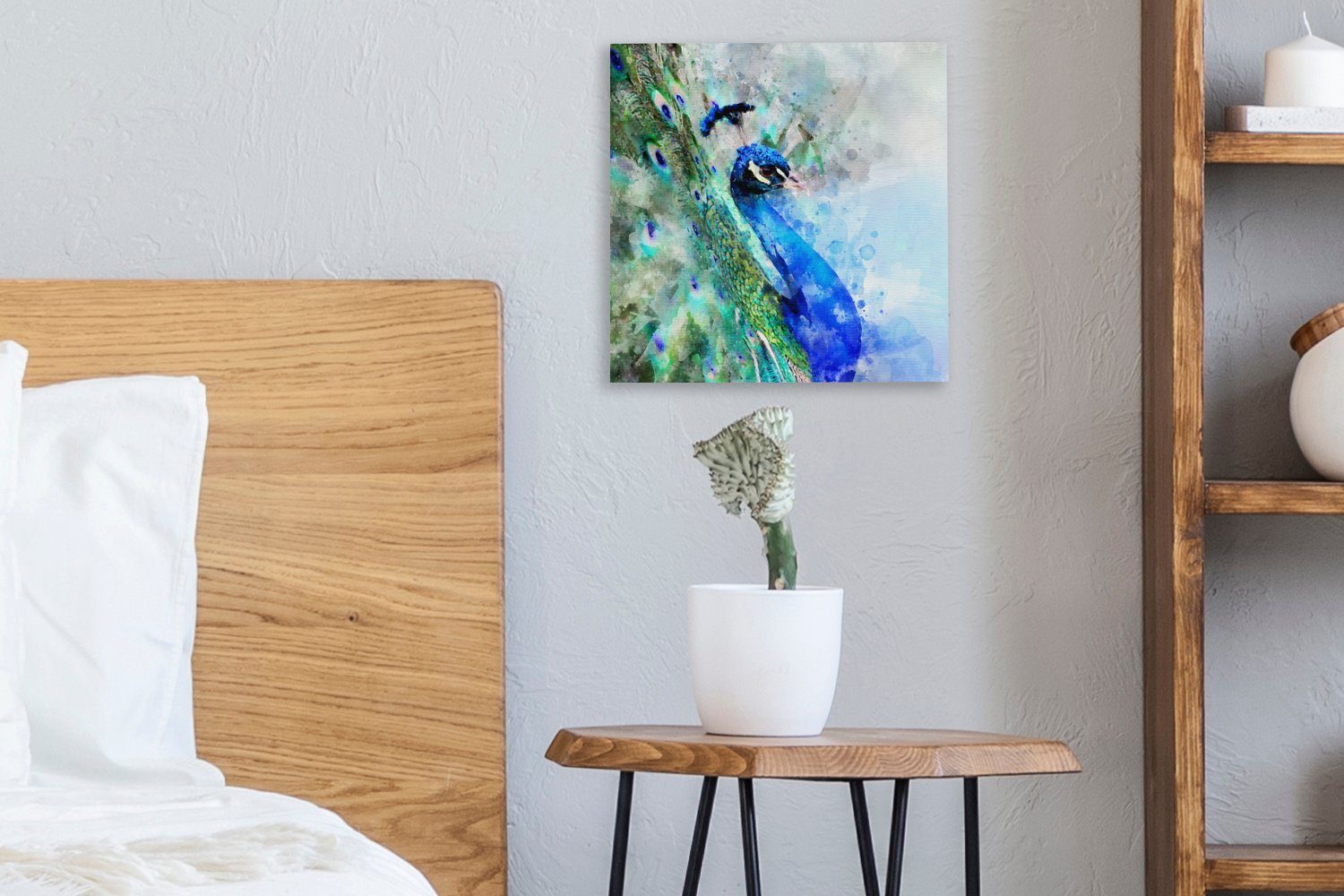 OneMillionCanvasses® Leinwandbild Aquarell - Pfau St), Blau, Bilder Schlafzimmer Wohnzimmer Leinwand - (1 für
