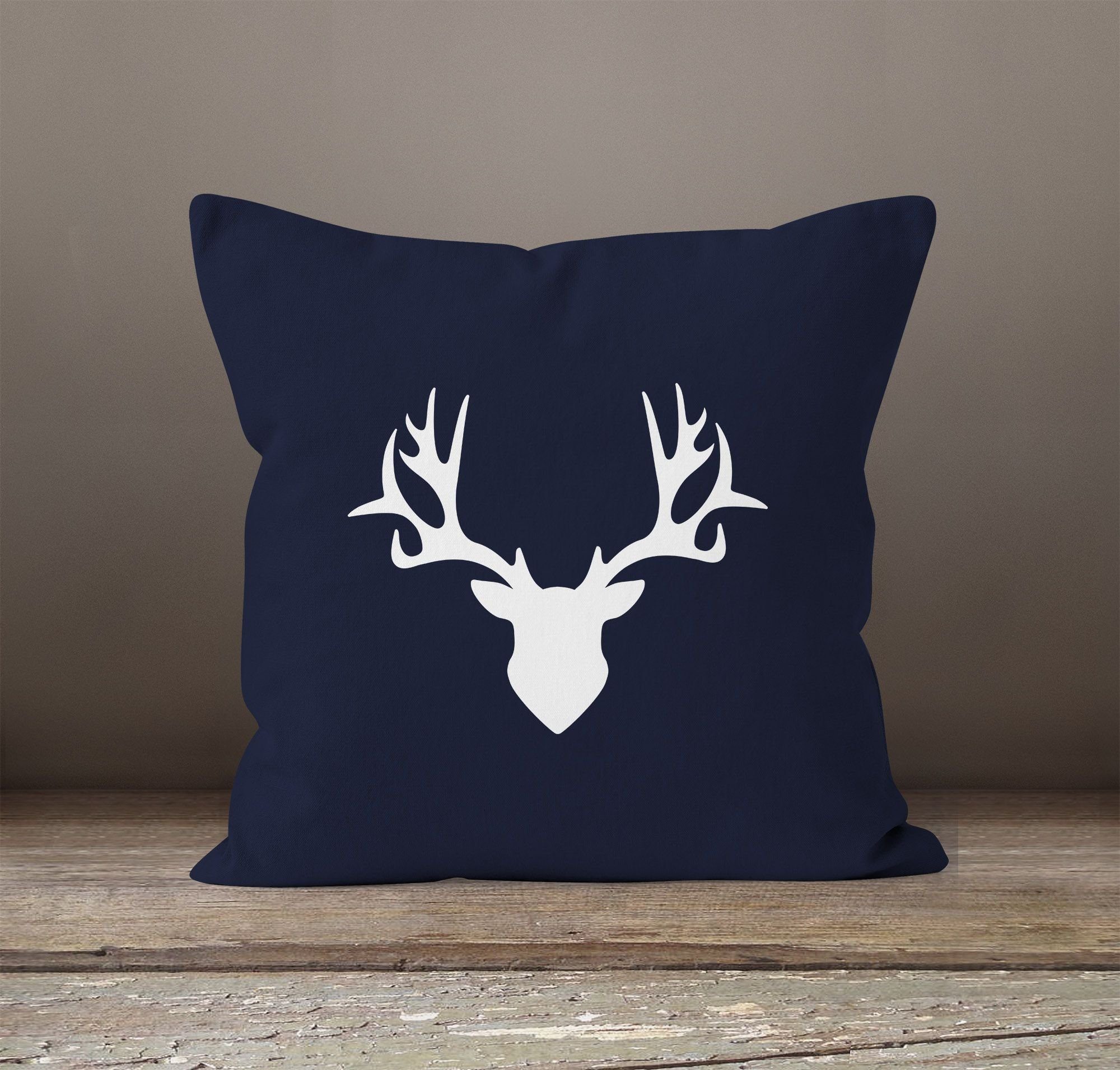 MoonWorks Dekokissen Kissenbezug Hirsch Deko-Kissen navy Kissen-Hülle 40x40 Baumwolle MoonWorks® Geweih