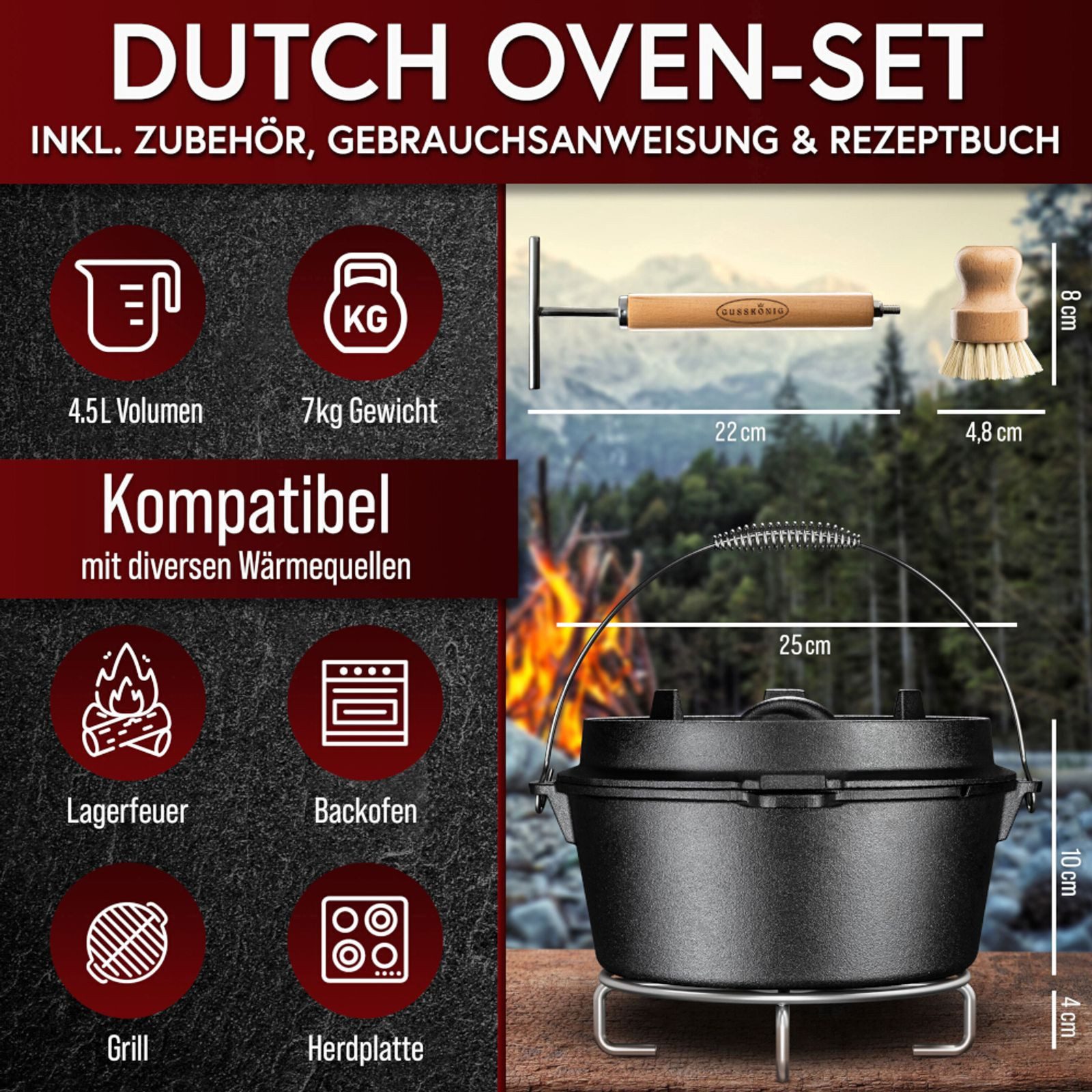 GUSSKÖNIG Grilltopf Dutch Oven 4,5 l ohne Füße 2in1 mit Deckelheber, Bürste & Untersetzer, Gusseisen