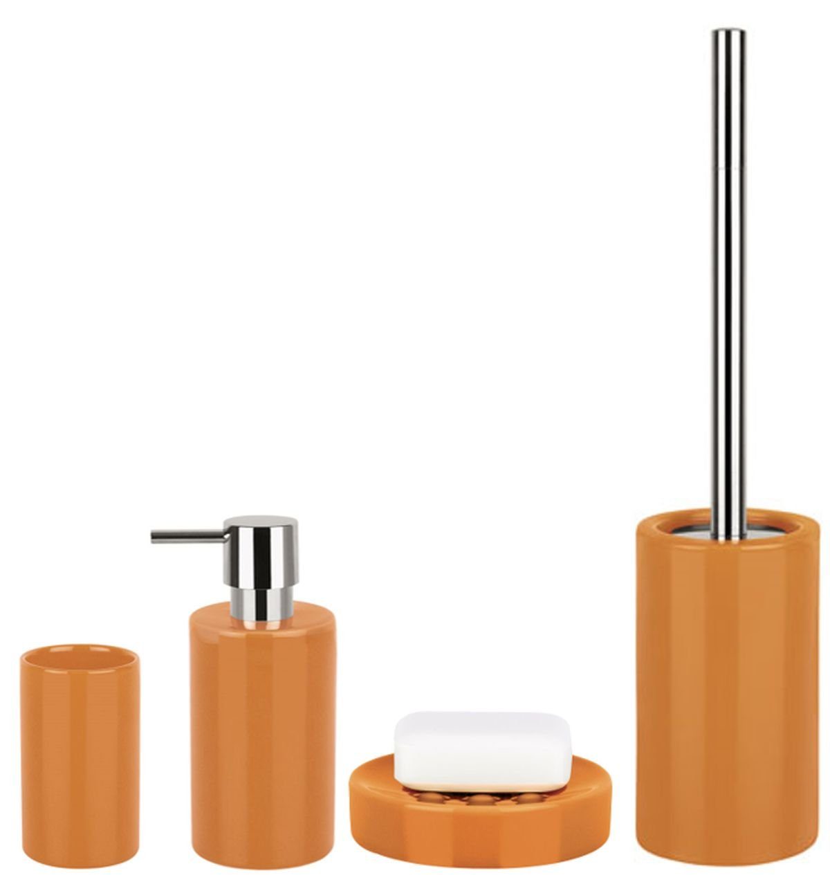 spirella Badaccessoires-Sets TUBE, Zubehör-Set aus hochwertiger Keramik, 4 tlg., bestehend aus: WC-Bürste, Seifenspender 300 ml, Zahnputzbecher, Seifenschale, elegante Glanz-Optik, orange, Komplett-Set Badezimmerzubehör, 4 tlg., 4-tlg., Zubehör-Set aus hochwertiger Keramik, elegante Glanz-Optik, orange