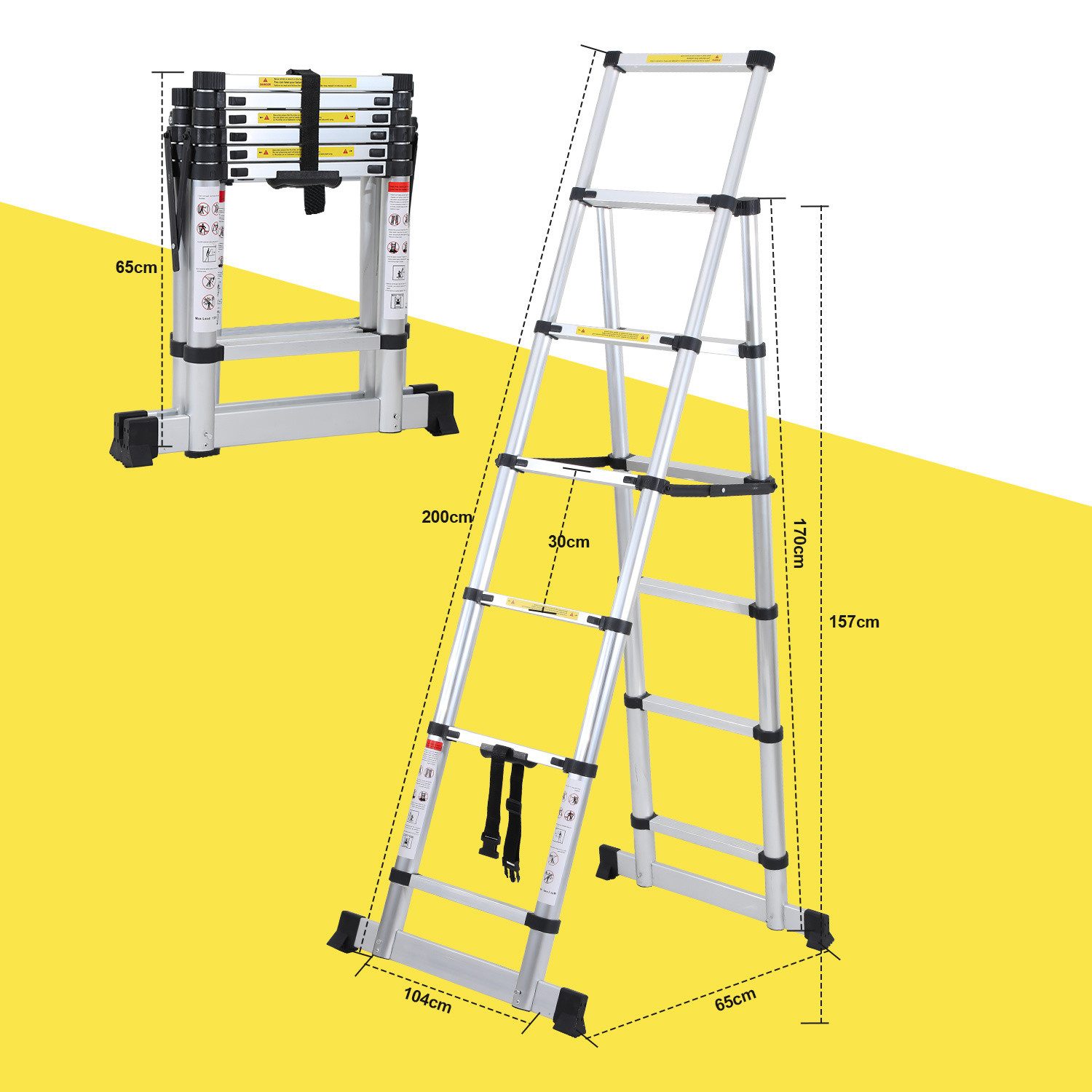 Clanmacy Premium Aluminum Telescopic Ladder, Extension Ladder, Folding Ladder, 2.0M Height, Silver (Telescopic Ladder, Extension Ladder, Folding Ladder, Sliding Ladder, Heavy-Duty Telescopic Ladder, High-Quality Aluminum Material), Effortless Portability, Independent Locking, Foolproof Operation