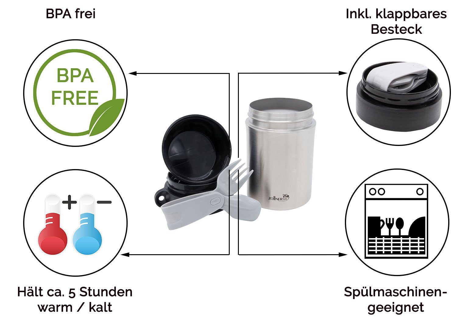 klappbaren bis Thermobehälter, Besteck, 400 5 Stunden, zu ml, mit isoliert BPA ZOLLNER24 frei